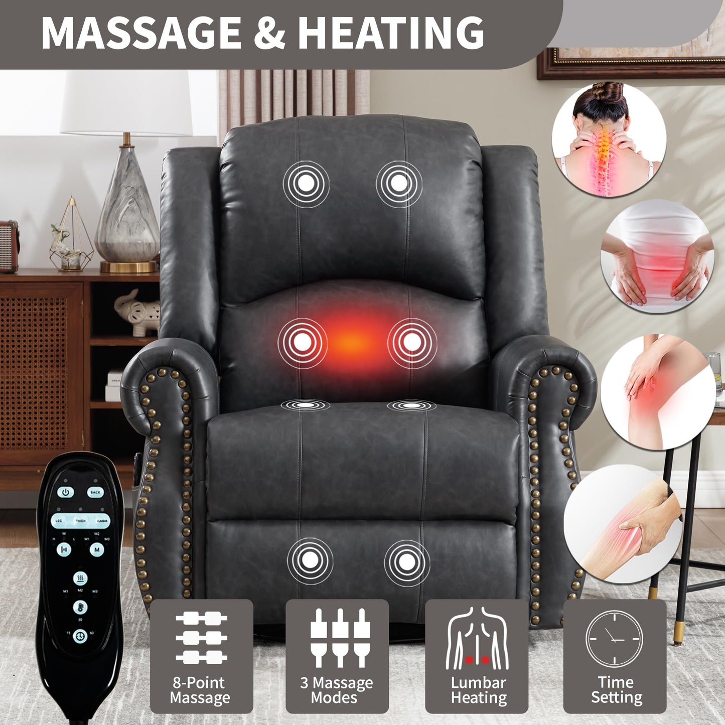 GDFStudio Heat Massage Swivel Rocker Recliner Chair, Manual Fabric Recliner with 360° Swivel, Rocking Function, Lumbar Heat and 8-Point Massage, Overstuffed Living Room Reclining Chair, Grey