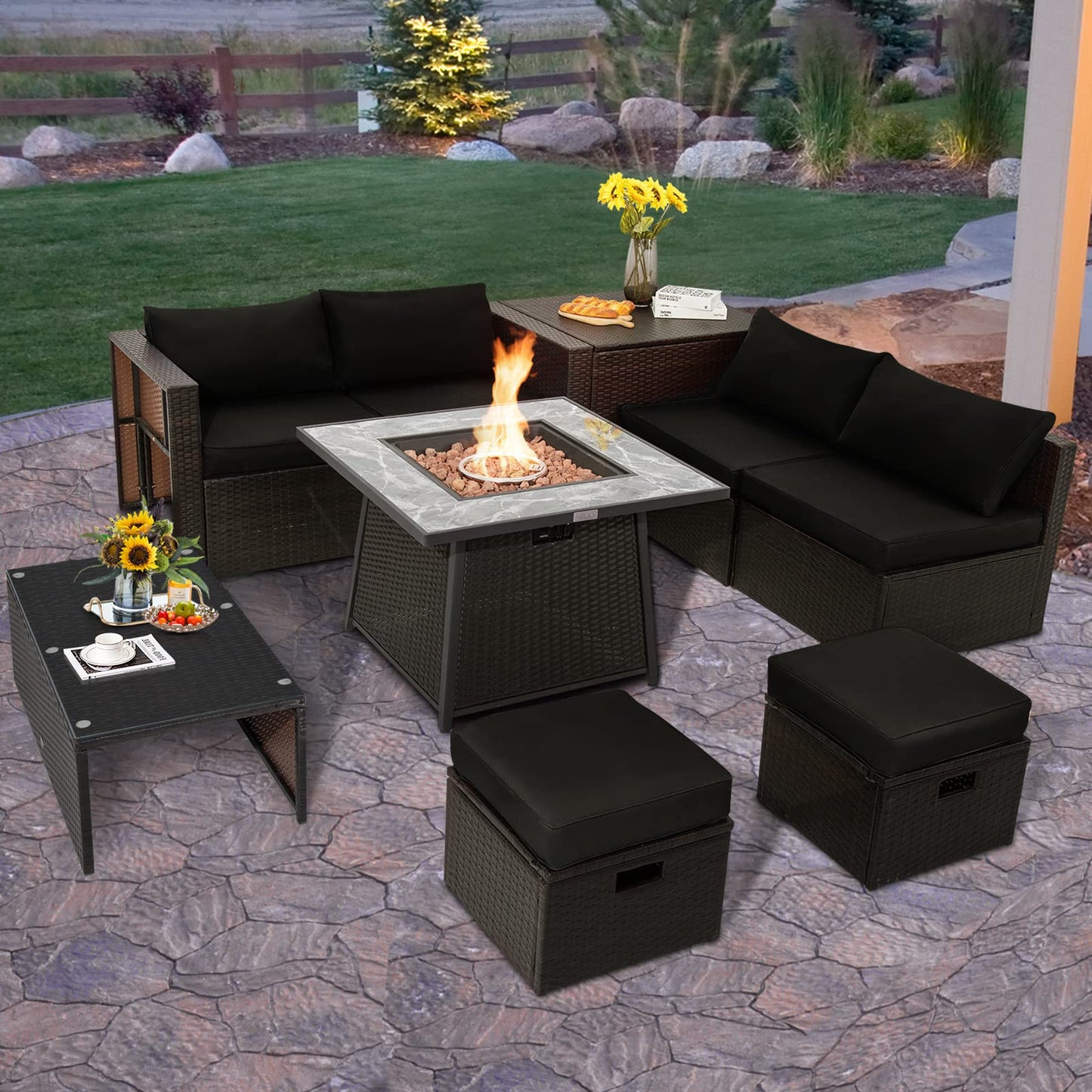 Tangkula 9 Pieces Outdoor Patio Furniture Set with 35-Inch Propane Fire Pit Table, Outdoor PE Wicker Sectional Sofa Set with Storage Box and Cushions, 50,000 BTU Gas Fire Pit Table (Black)