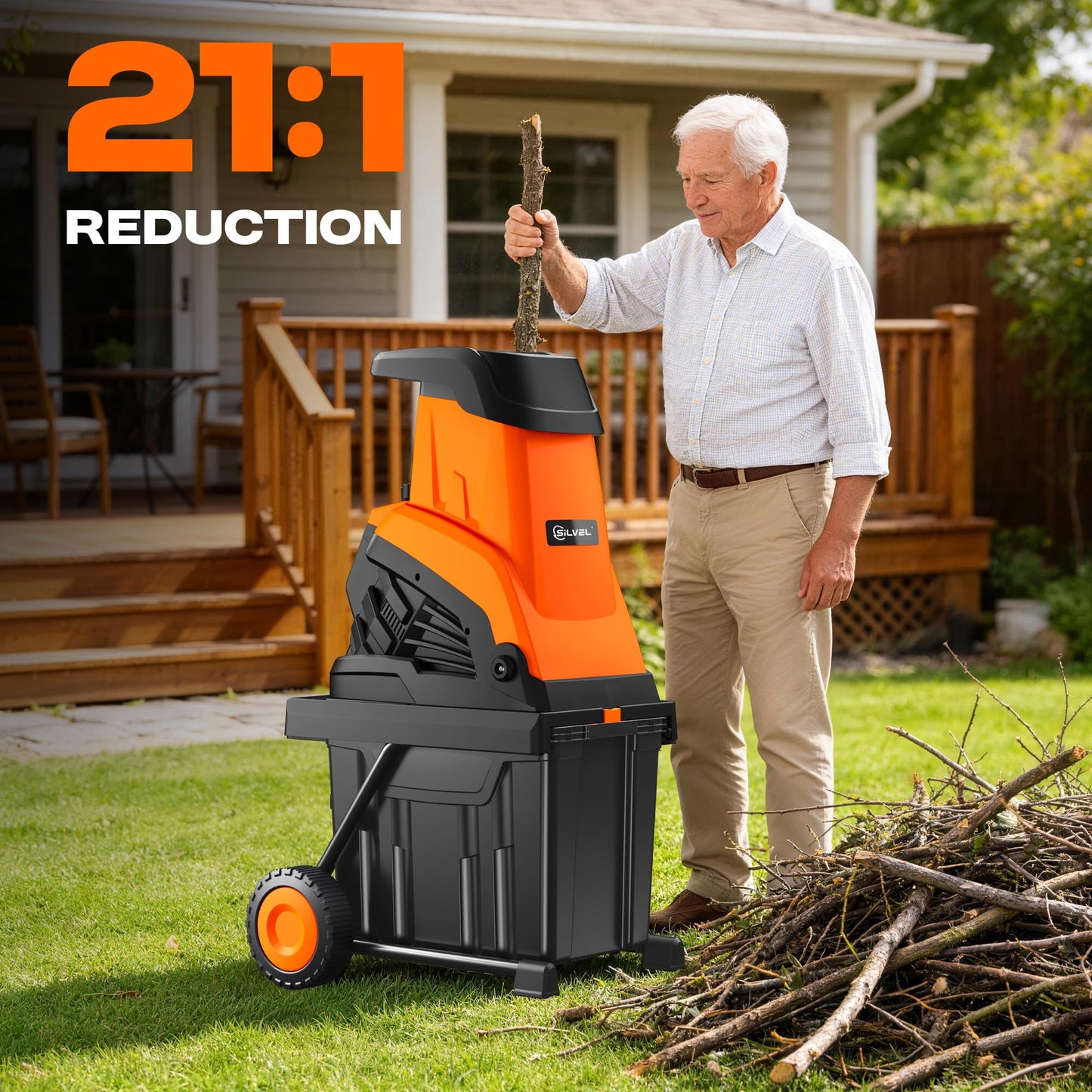 SILVEL Wood Chipper Shredder,1800W Cutting Diameter of 1.77 inch with 10 Gallon Large Collection Bin, 15-Amp Electric Wood Chipper Shredder for Fast Cleanup, Ideal for Branches, Garden Waste