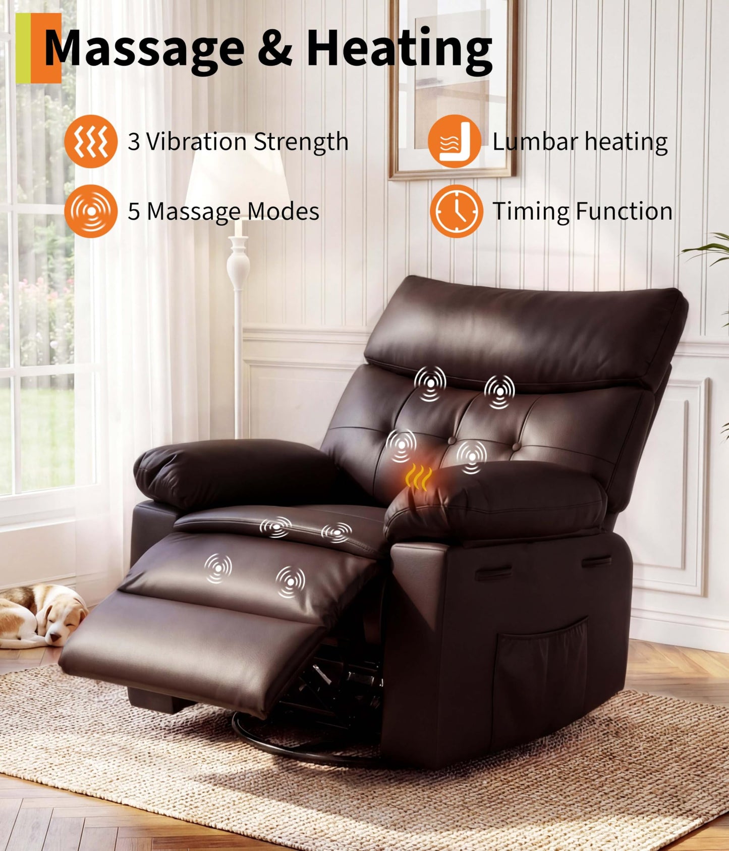 Garvee Oversized Swivel Rocker Recliner Chair - Heat and Massage, Leather Manual Recliner for Adults, Lazy Chair with Comfort Arms and Back Single Sofa for Living Room