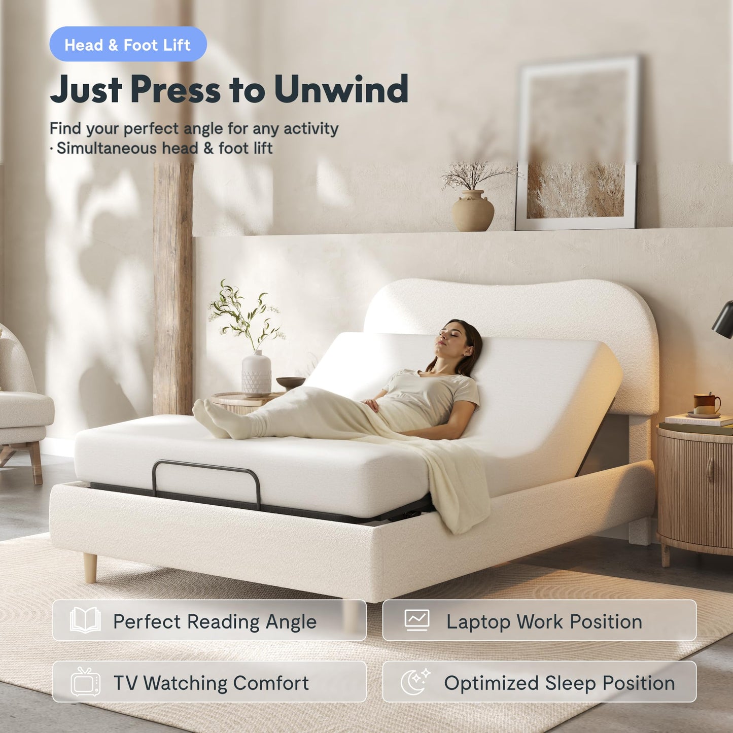 FLEXISPOT Queen Adjustable Bed, Complete with Boucle Upholstered Bed Frame, Quiet Powerful DC Motor, Easy Assembly – Ideal for Relaxation, Reading, and Pressure Relief
