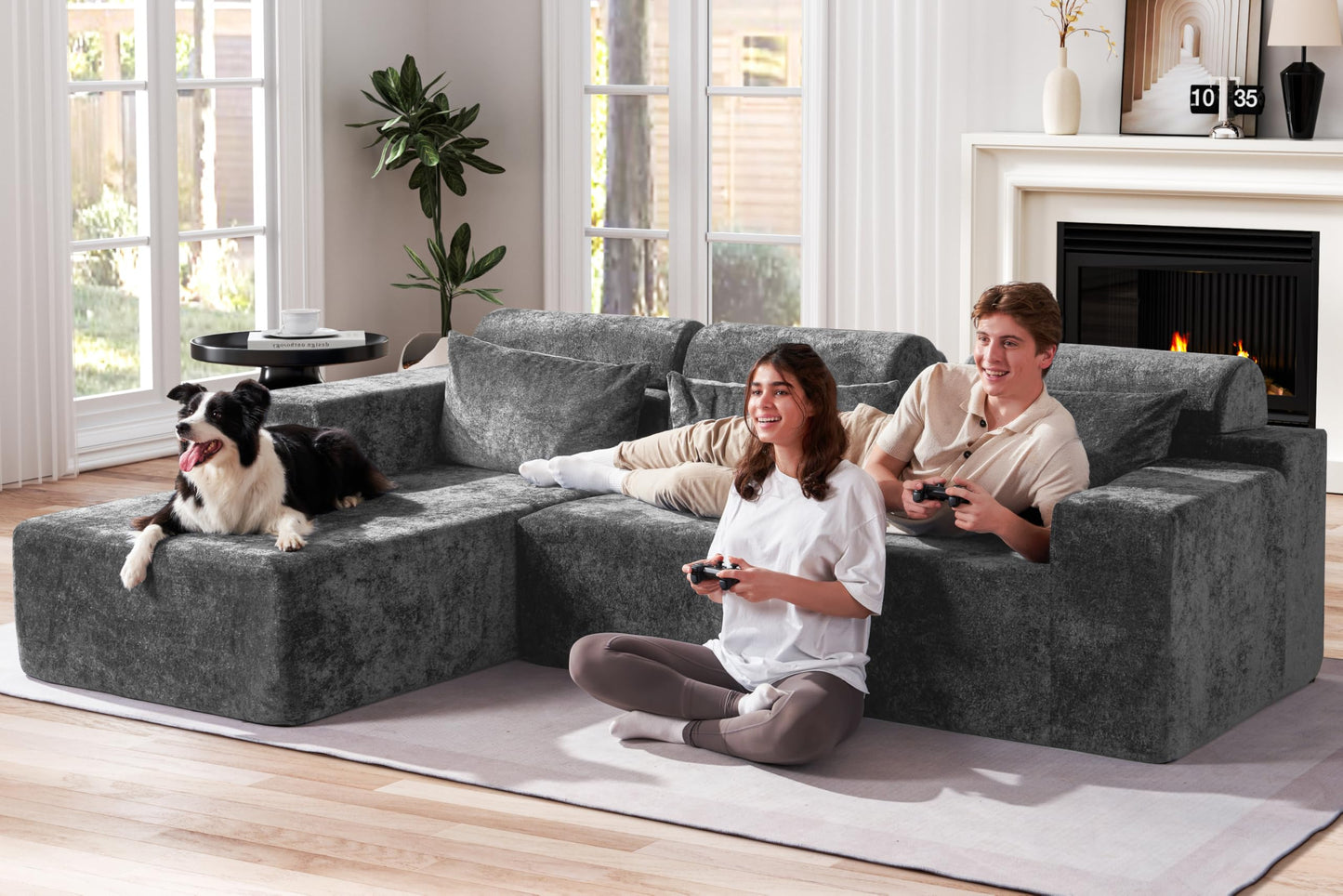Homguava Modular Sectional Couches for Living Room,105" Cloud Couch with L-Shape Chaise,Comfy Sofa Living Room Couch with Deep Seat,No Assembly L Couch,Luxury Distressed Velvet(Grey,L)