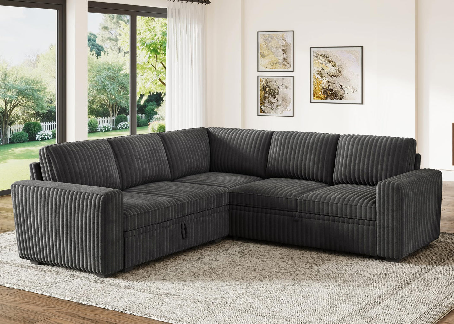 HONBAY Modular Sectional Sleeper Sofa with Pull Out Bed,Corduroy L Shaped Couch with Storage, Sectional Couches for Living Room,Dark Grey