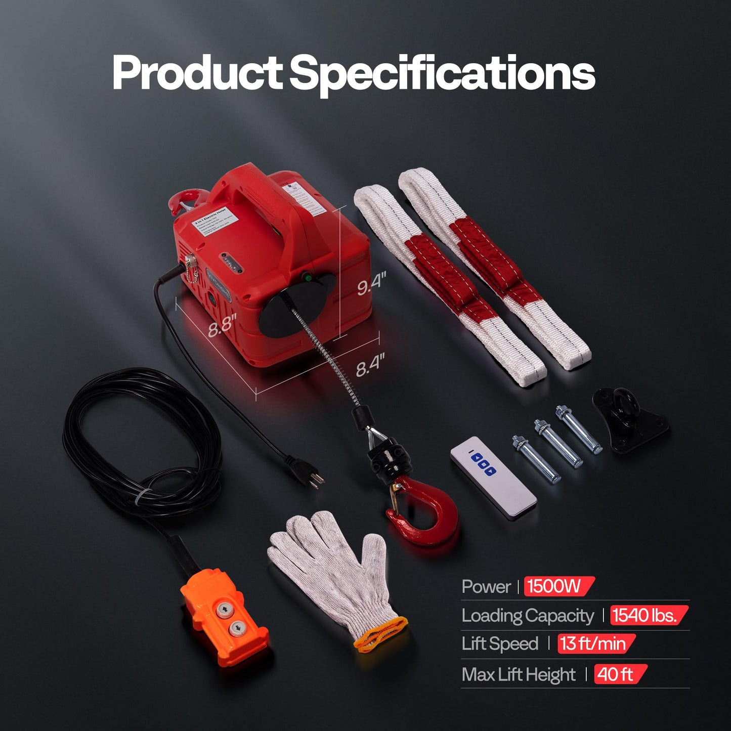 VIVOHOME 3-in-1 Electric Hoist Winch 1540lbs, 40ft Lifting Height for Towing