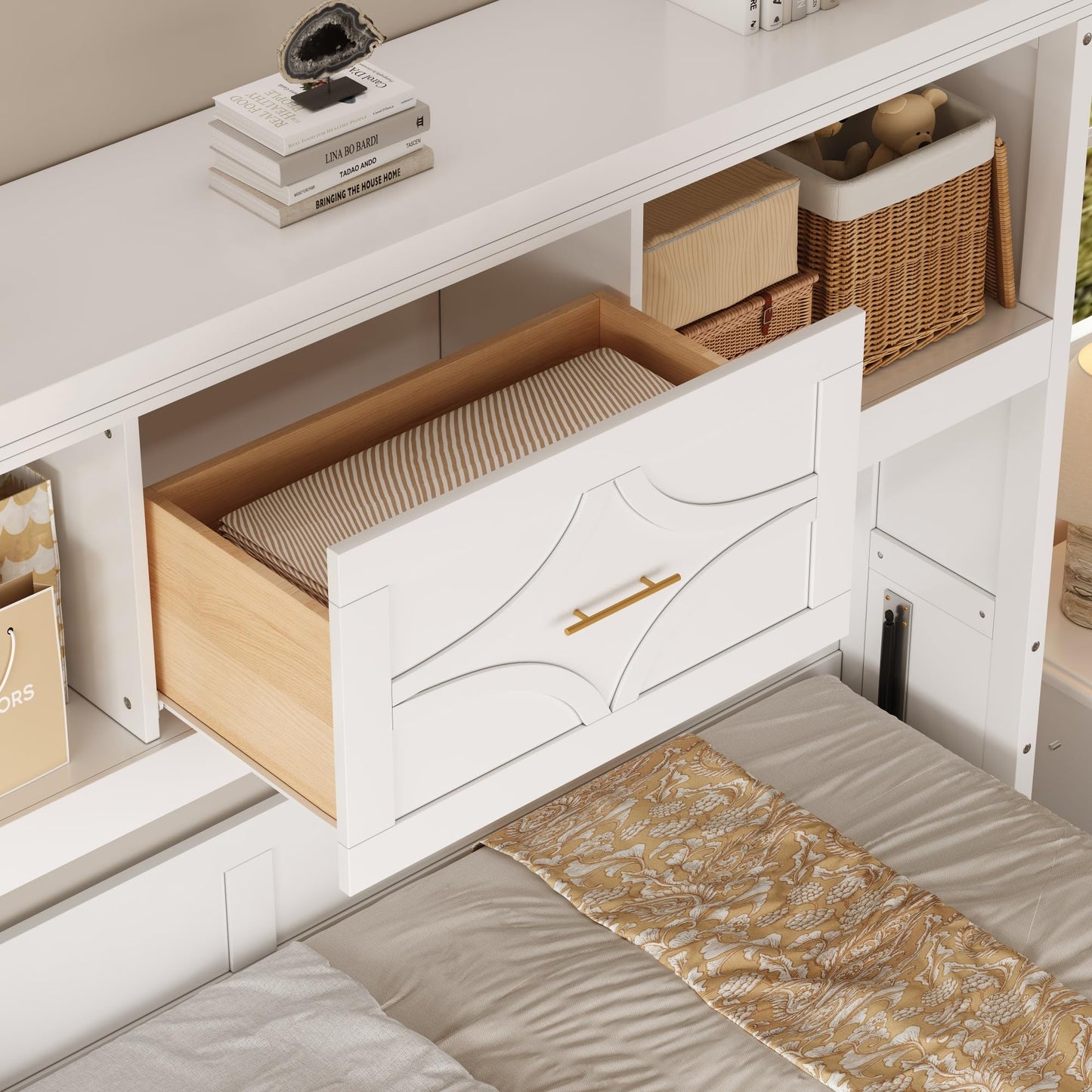 MERITLINE Twin Horizontal Murphy Bed with Storage Bookcase Shelves & Drawer and Charging Station,Solid Wood Farmhouse Murphy Wall Bed with Storage, Slat Support (White)