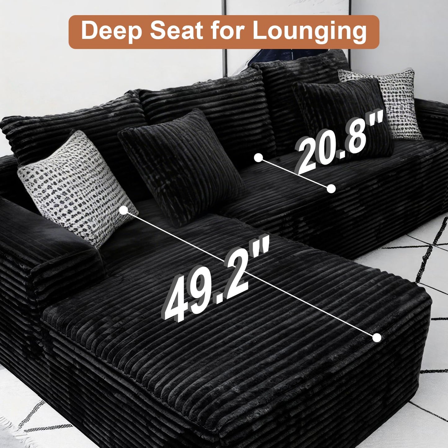 Rovibek 107.5" Couches for Living Room, Black Couch with Chaise, Modular Sectional Sofa with Throw Pillow & Deep Seat, No Assembly Required Compressed Sofa