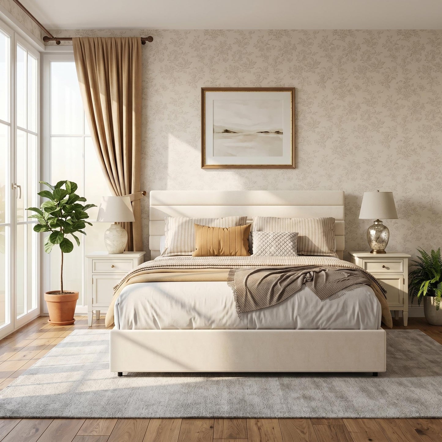 Garvee Queen Size Bed Frame, Velvet Upholstered Platform Storage Bed with 4 Drawers, Wooden Slats Support, No Box Spring Needed, Easy Assembly, Beige