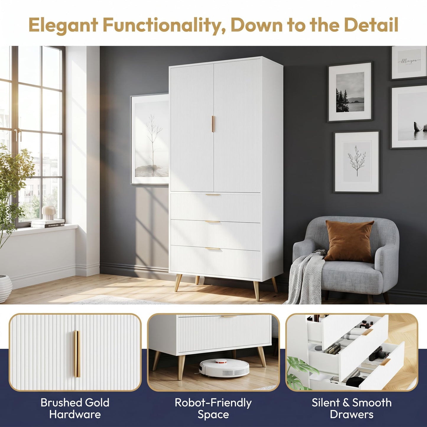 NicBex Tall Storage Cabinet, Kitchen Pantry Cabinet with Adjustable Shelves, Fluted Panel Design Wood Chest with 3 Drawers 2 Doors, Tall Home Cupboard for Living Room, Kitchen, White