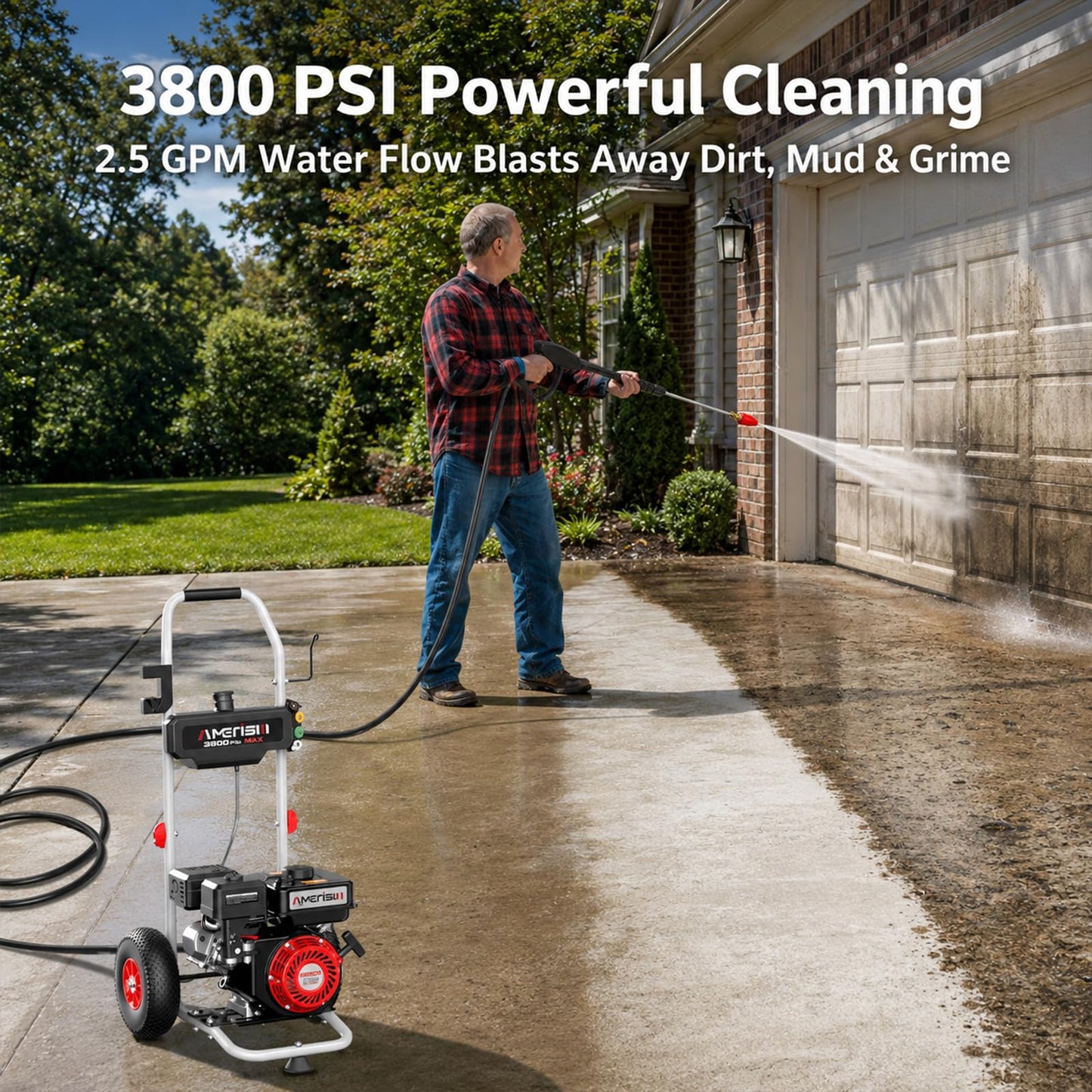 AMERISUN 3800 PSI Gas Pressure Washer 2.5 GPM with 212cc 4-Stroke OHV Engine, 5 Quick-Connect Nozzles & 10" Wheels, Heavy Duty Power Washer for Driveways, Cars, Patios, Decks & House Siding
