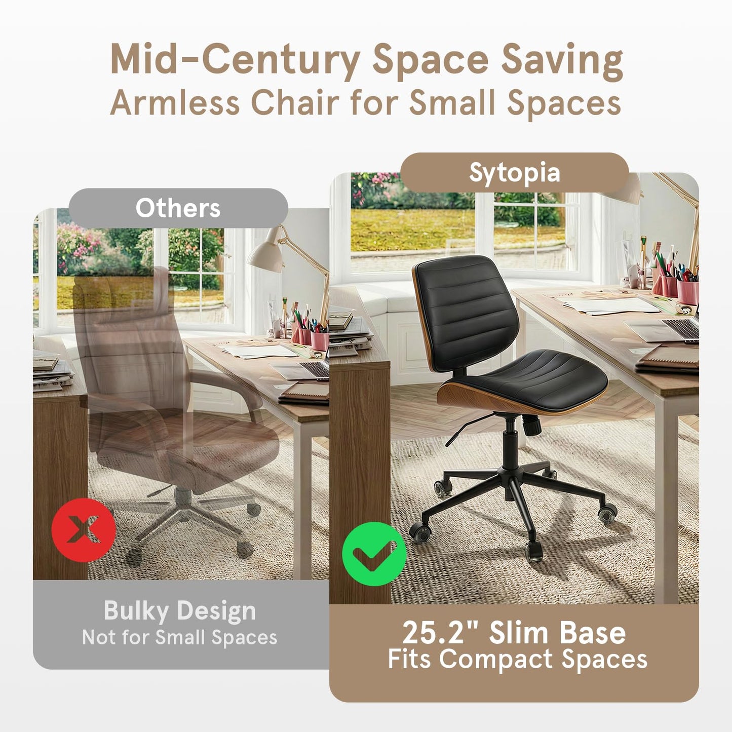 Sytopia Small Desk Chair for Home Office, Adjustable Height Swivel Armless Office Chair No Arms, Mid Century Modern Chair with Wheels, Walnut Wooden Sturdy Furniture, Easy Assembly, Vintage Black