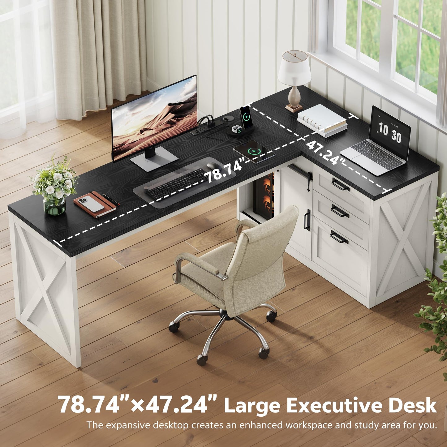 Homiflex Farmhouse L Shaped Office Desk with Drawers 78 Inch L Shape Desk Executive Office Desk with File Cabinet Storage Shelves and Power Outlets for Home Office, White and Black