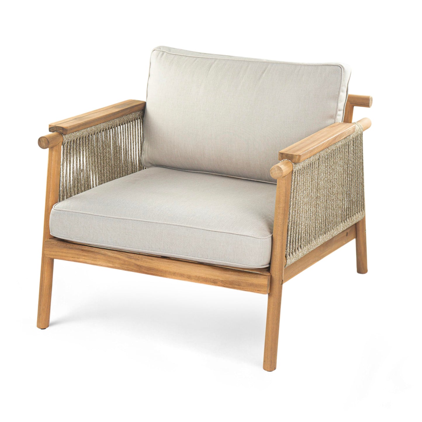 Merax Outdoor Acacia Wood Lounge Chair w/Cushions Set of 2, Patio Club Chair with Rope & Sturdy Wood Legs, All-Wearther Singe Sofa Chair for Porch, Lawn, Backyard, Balcony, Teak+ Beige