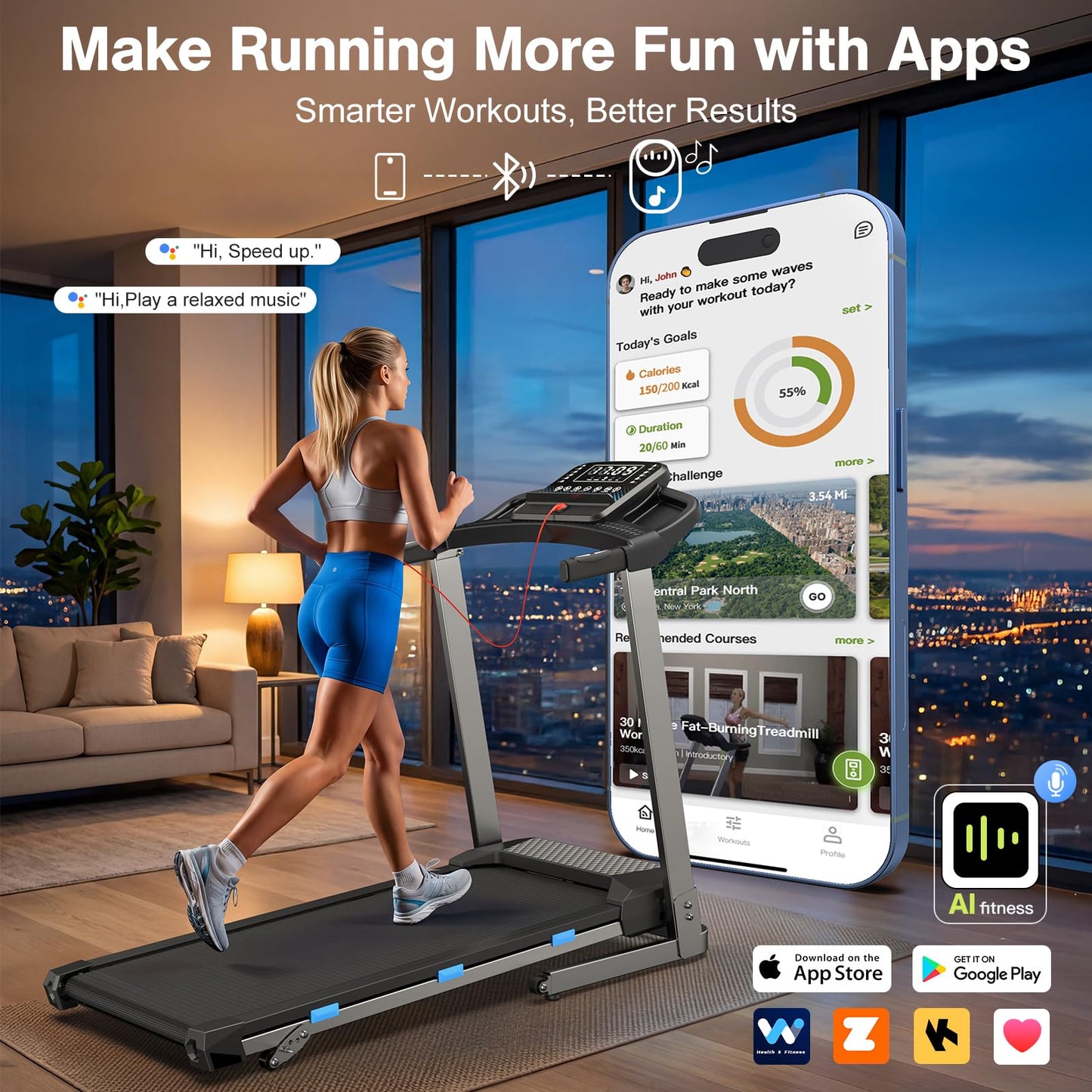 COZYINN Folding Treadmill with Incline, 3.5HP Quiet Treadmills for Home 400 lb Capacity, Running Machine with Pulse Sensor and Bluetooth Speaker, 7.6 MPH, App, Wide Belt, Space-Saving Design