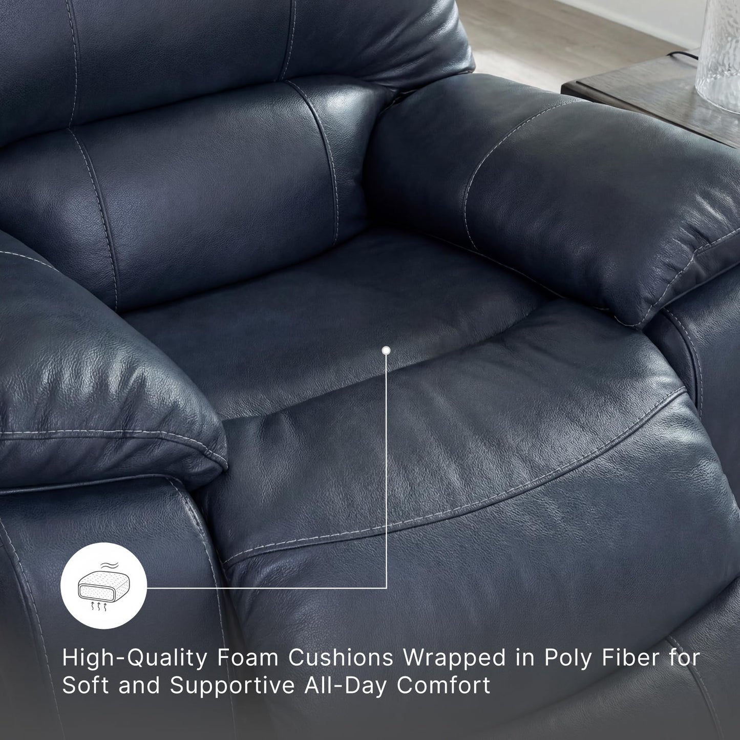 Signature Design By Ashley Leesworth Modern Power Rocker Recliner, USB Port, Gentle Rocking, Top Grain Leather and Matched Leather, 41" W x 41" D x 41" H, Blue