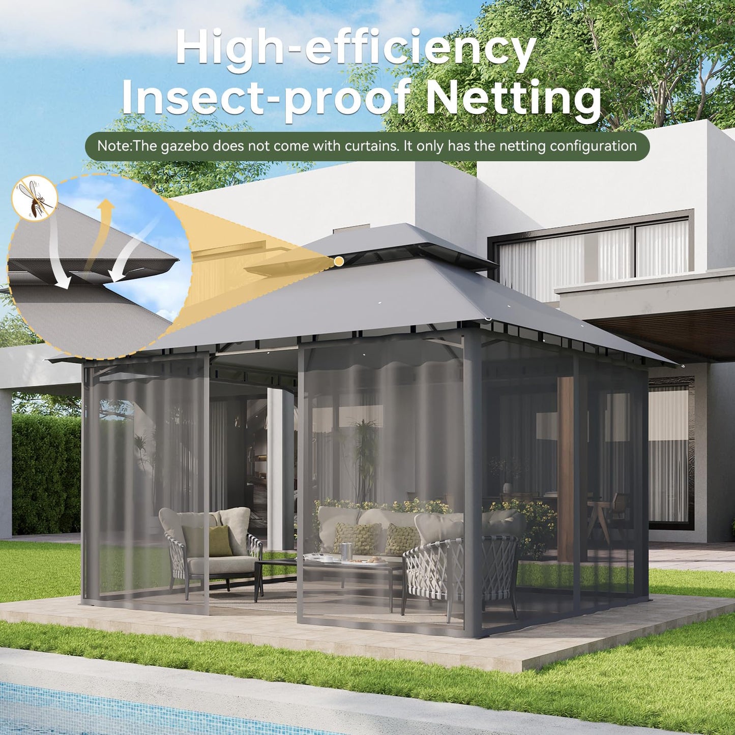 Aoxun 12x10 Gazebo with Double Roof & Mosquito Netting Outdoor Heavy-Duty Party Tent, Patio Tent with Zipper Screens - Backyard Garden Lawn Shelter Includes Wind Ropes Expansion Bolts, Gray