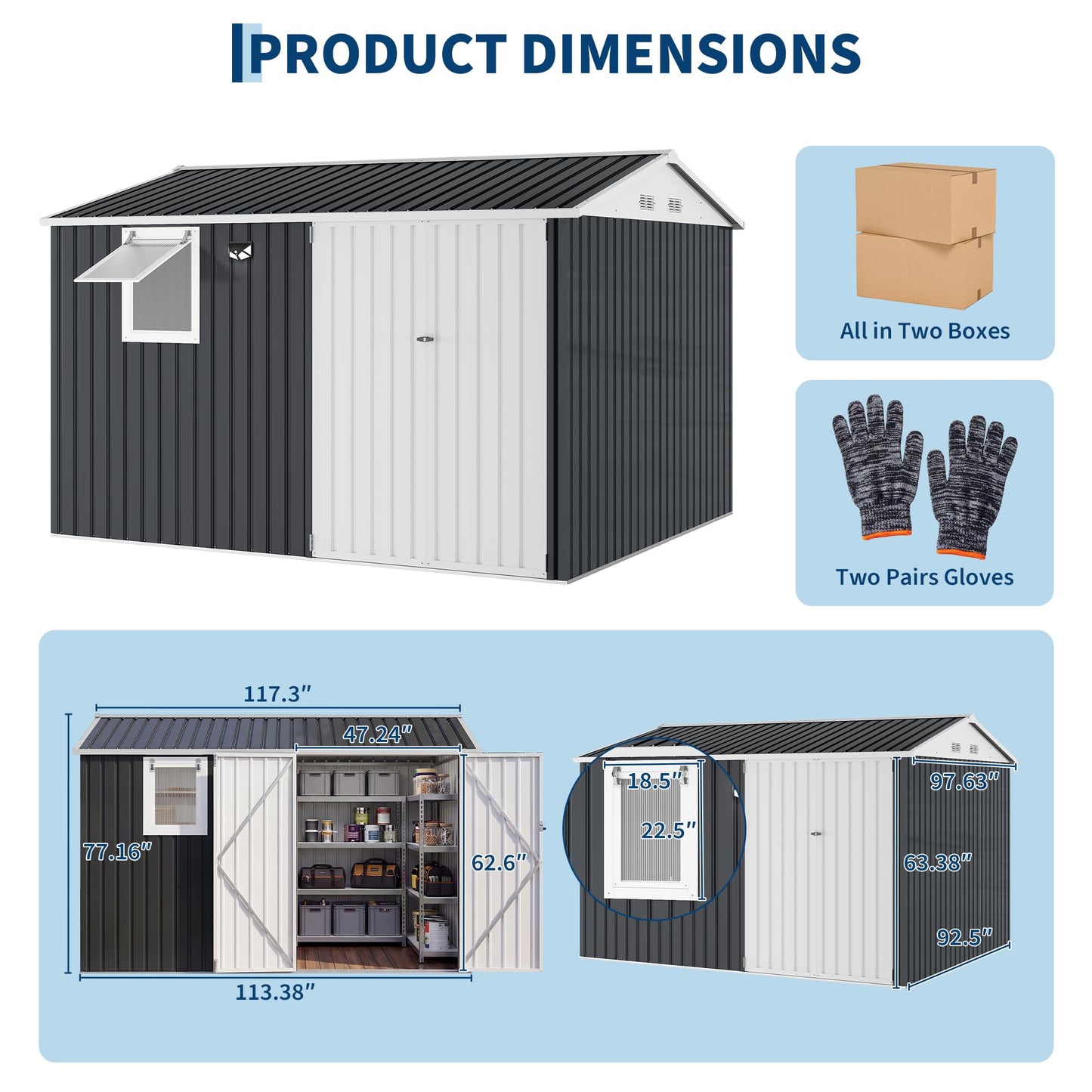 JoanKaren 10x8FT Outdoor Storage Shed with Pushable Window, Solar LED Lamp and Built-in Pegboard, Metal Garden Shed with Sloping Roof, Lockable Doors, Steel Tool Shed for Backyard Patio, Black