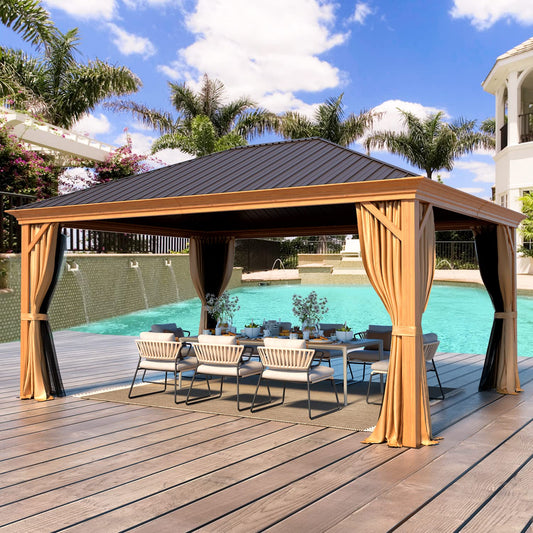 YOLENY 12' x 16' Hardtop Gazebo, Wood Looking Gazebo with Aluminum Frame and Single Galvanized Steel Roof, Outdoor Permanent Metal Pavilion with Curtains and Nettings for Deck, Backyard and Patio