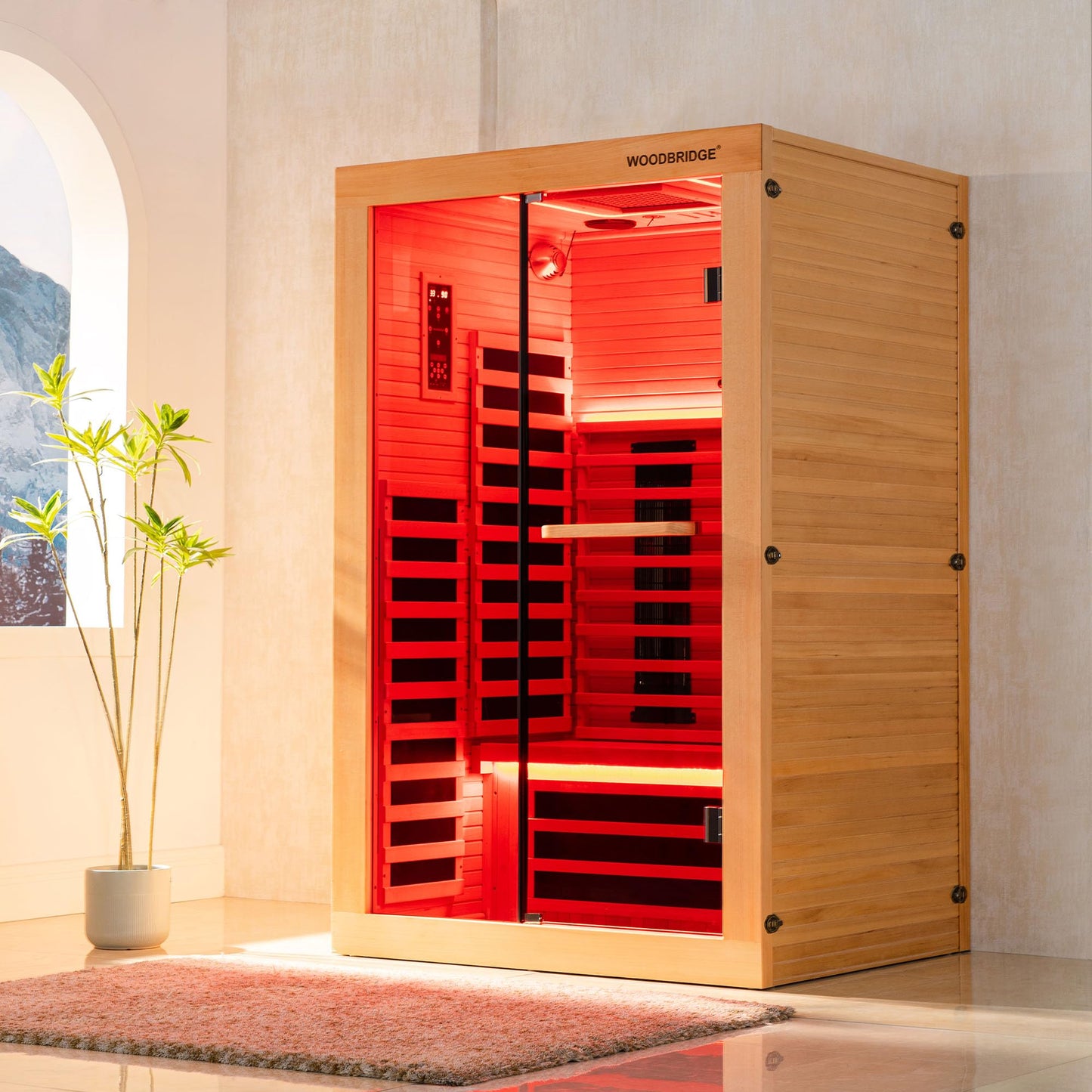 Woodbridge Infrared Home Sauna Room 2 Person Hemlock Wooden Indoor Sauna,7 Carbon 1980W/120V Heaters,with Led Color Therapy Light,Bluetooth Speaker,Tempered Glass,Touch-Tone Keypad and A Top Vent