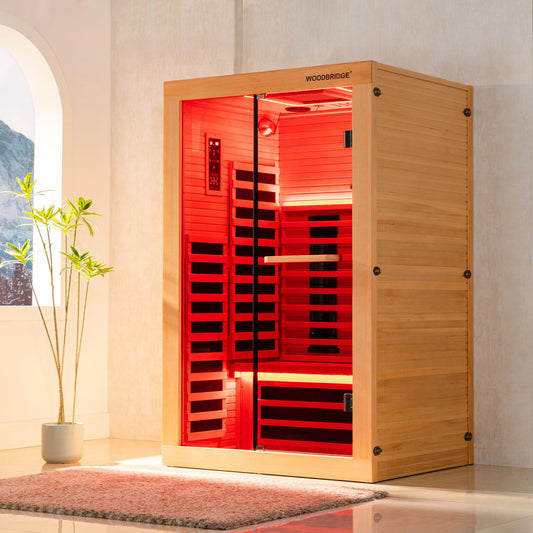 Woodbridge Infrared Home Sauna Room 2 Person Hemlock Wooden Indoor Sauna,7 Carbon 1980W/120V Heaters,with Led Color Therapy Light,Bluetooth Speaker,Tempered Glass,Touch-Tone Keypad and A Top Vent