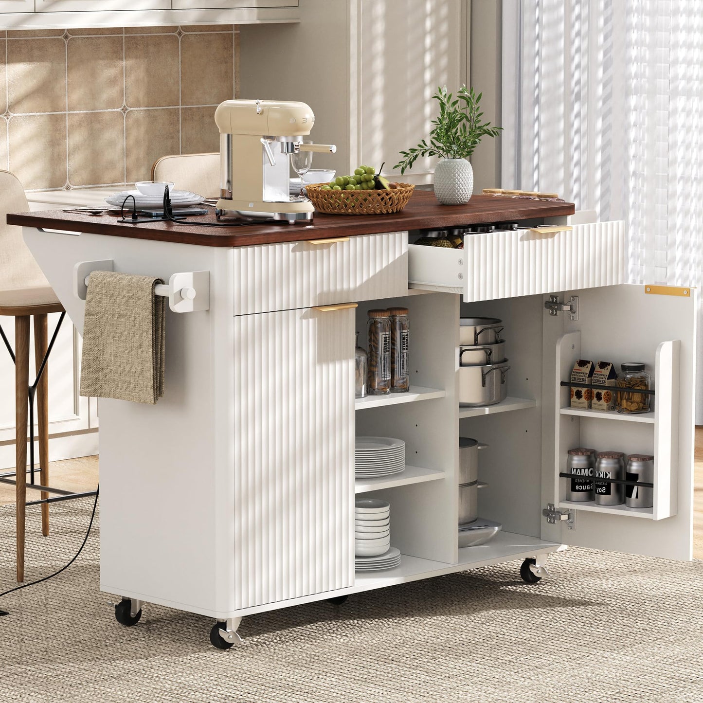 Merax Farmhouse 52 inch Kitchen Island on Wheels with Drop Leaf Table, Power Outlet, Wood Kitchen Rolling Cart with Faux Marble Top & 2 Doors & 2 Drawers, White