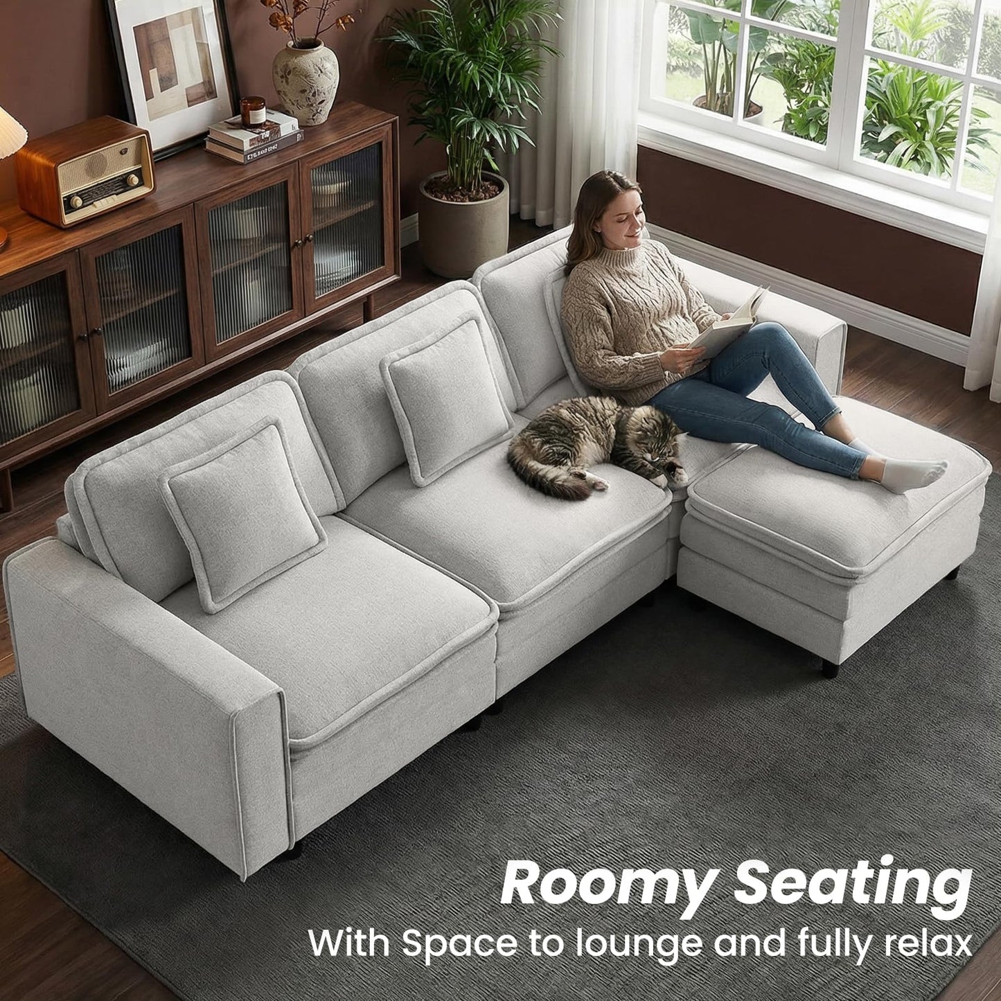 MALOL Modular Sectional Sofa 107", Comfy Cloud Couch with Ottoman, Deep 4-Seat L Shaped Modular Sofa, Couches with Throw Pillows for Living Room, Beige