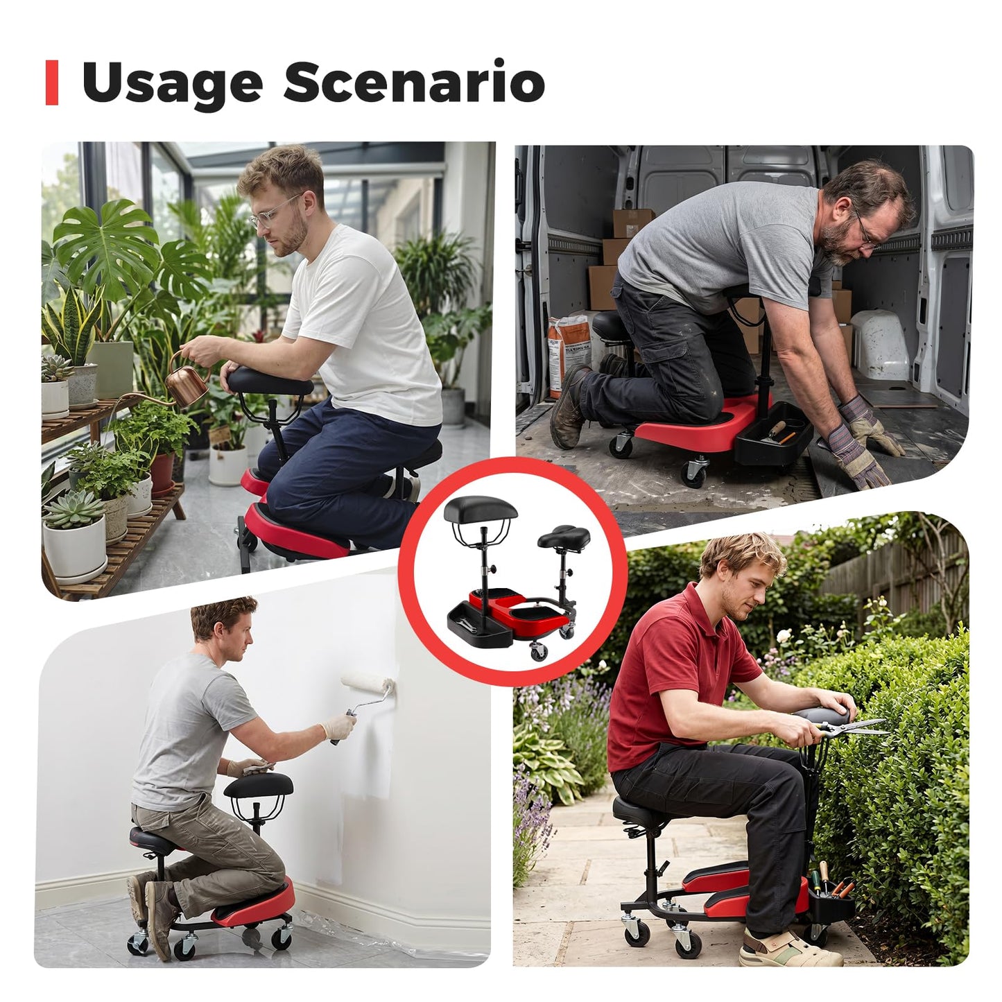 Heavy-Duty Kneeling/Sitting Creeper with Adjustable Seat & Tool Tray – 300lb Capacity Rolling Knee Work Seat for Auto Repair, Flooring, Landscaping & DIY – Padded Knee Support & Smooth Casters