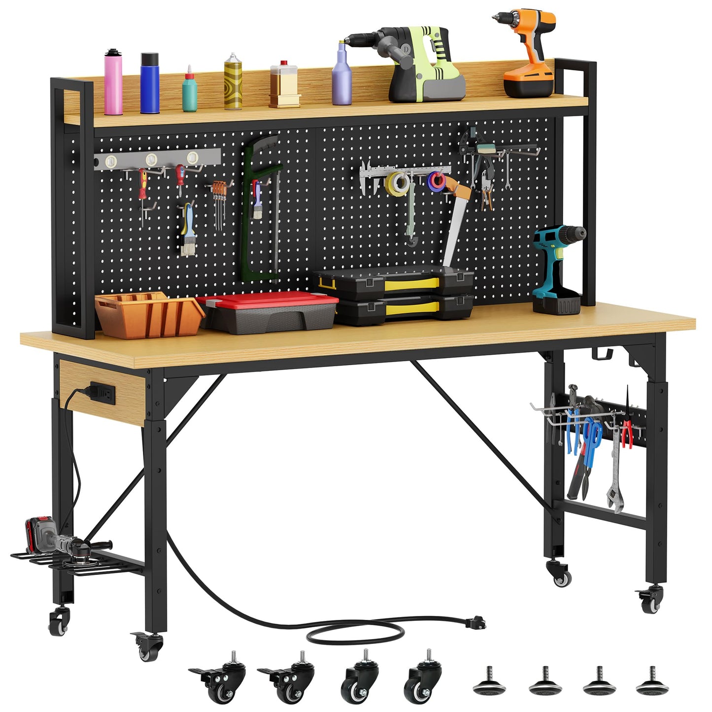 DWVO 48in Adjustable Rolling Workbench Heavy Duty with Pegboard & Wheels