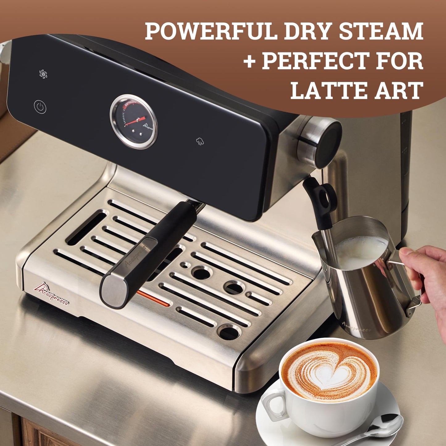 Acaspresso Espresso Machine with Grinder, Auto Distribute & Tamp 15 Bar Semi-Automatic with PID Temperature, Cold Brew Espresso Maker with Milk Frother, 58mm Portafilter for Beginners, Stainless Steel
