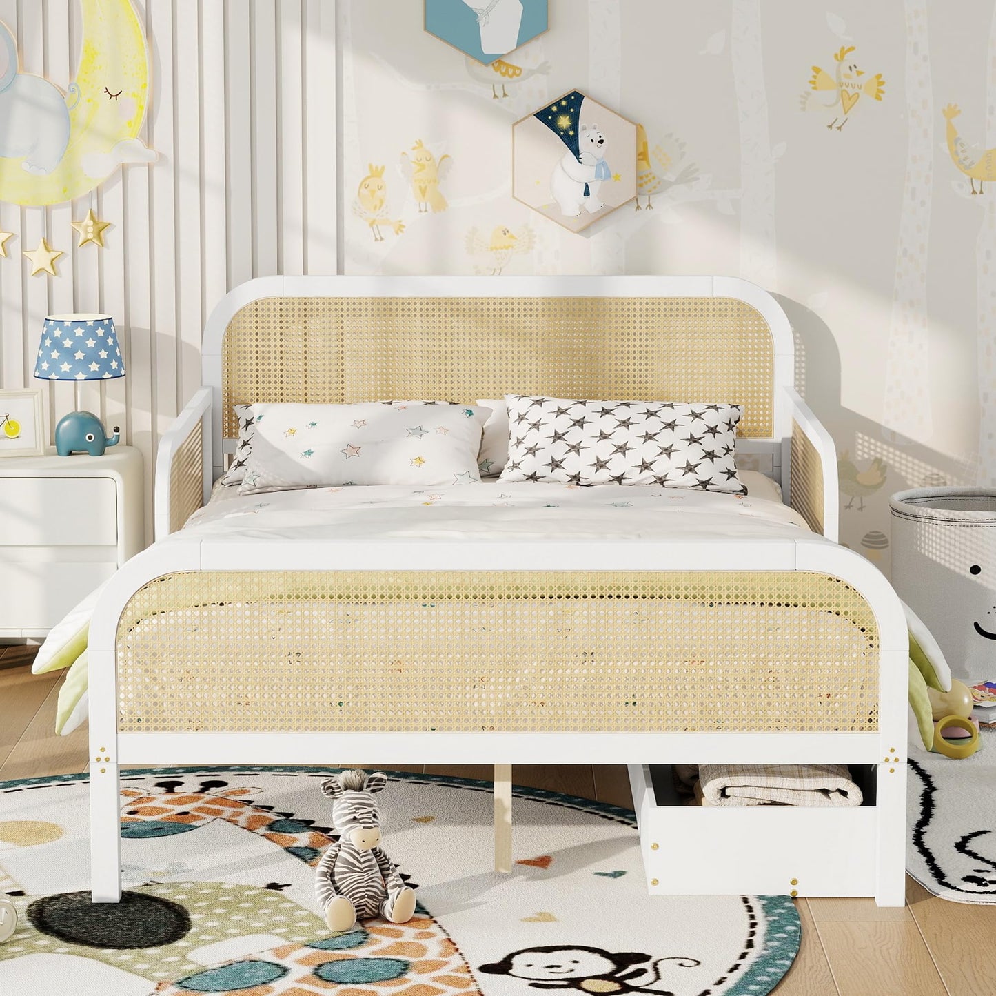 KEIKI Full Size Pine Wood Platform Bed Frame with 2 Storage Drawers & Headboard & Footboard, for Boys and Girls, Rattan Bed with Solid Slat, No Box Spring Required, Easy Assembly, for Bedroom, White
