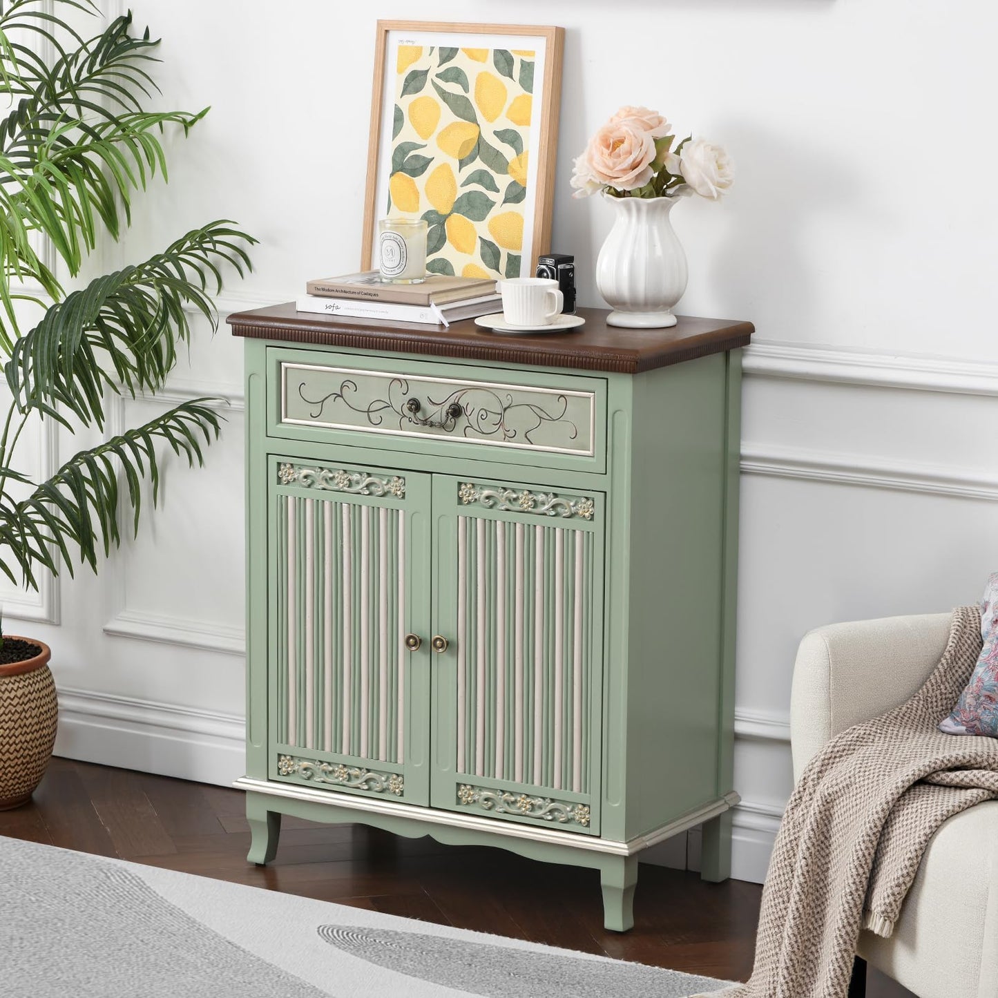 Ahokua Sage Green Accent Cabinet with Drawer and Textured Doors, Farmhouse Storage Cabinet with Adjustable Shelf, French Country Entryway Cabinet for Living Room, Hallway and Dining Room
