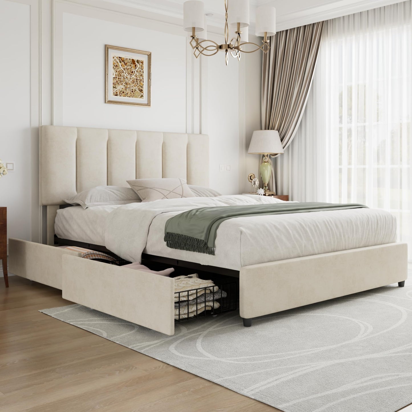 VECELO Queen Size Bed Frame with 4 Storage Drawers, Adjustable Height Headboard, Heavy-Duty Platform Bedframe with Strong Wooden Slats, No Box Spring Needed, Pale Beige