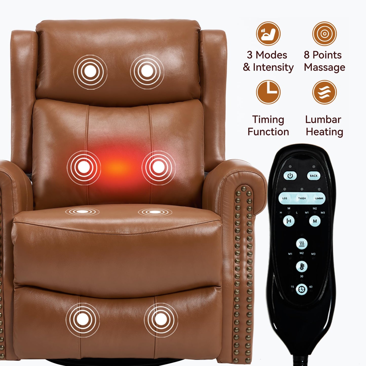 Heat Massage Manual Recliner Chair with Rocking and 360° Swivel Base, Genuine Leather Recliner Chair with Lumbar Heat, 8-Point Vibration Massage, 155° Reclining Living Room Chair, Dark Yellow