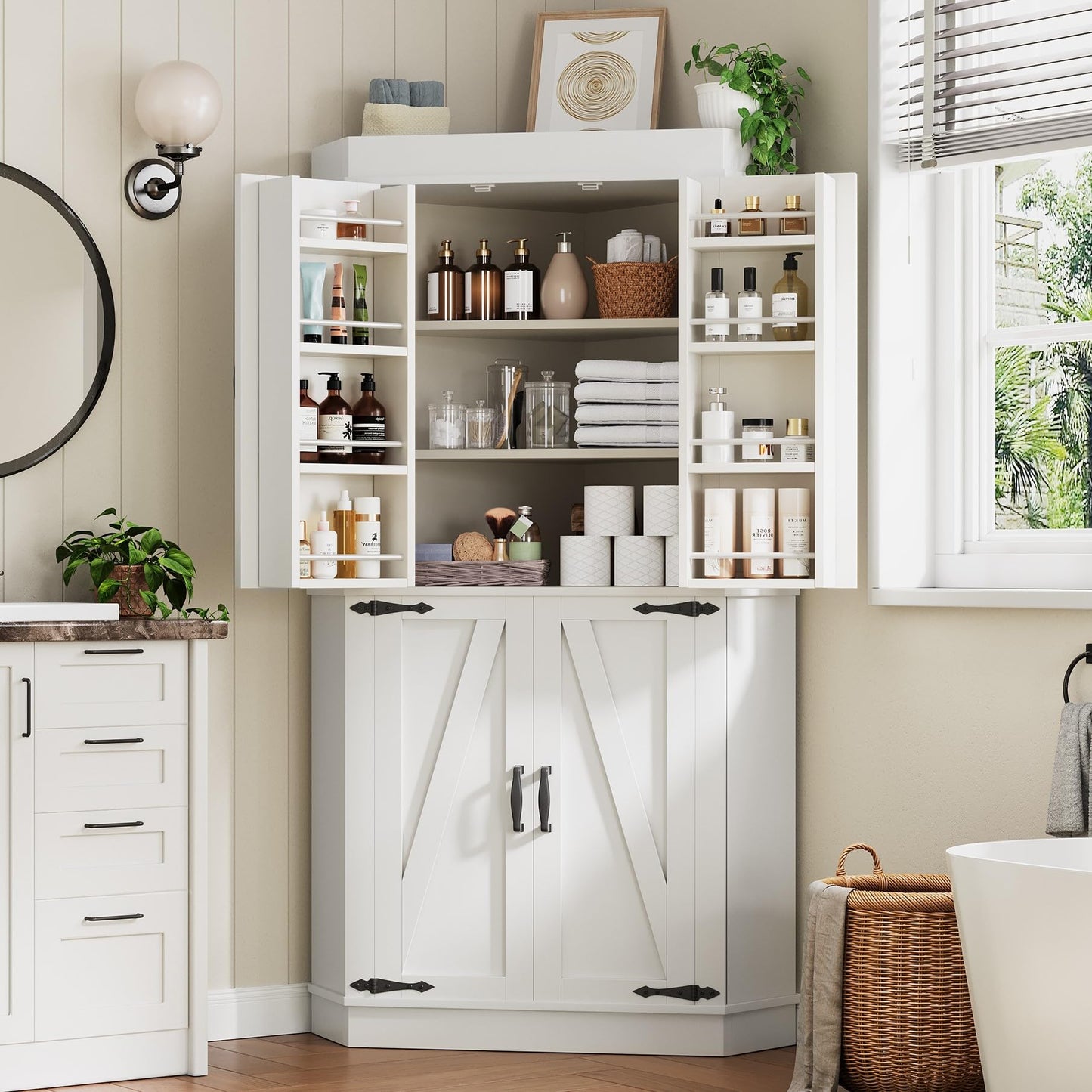 Corner Cabinet,71'' Kitchen Pantry Storage Cabinet with 4 Doors and Shelves, Tall Food Pantry Storage Cabinet Farmhouse Furniture for Kitchen Dining Room, White