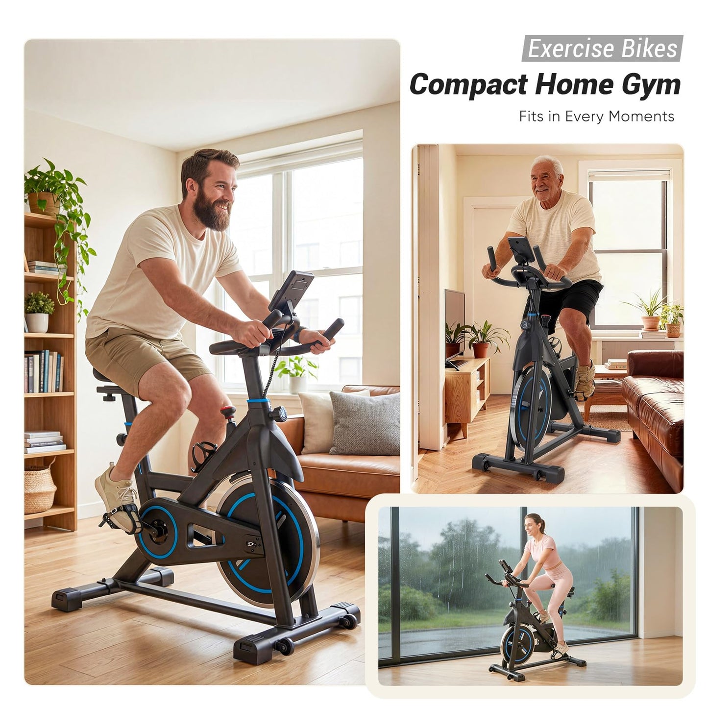 DUMOS Exercise Bike with APP, Stationary Bikes for Home, Workout Bike for Adults & Seniors, Adjustable Height and Resistance, Low Noise, 265lbs Weight Capacity, Easy Setup, Black&Blue
