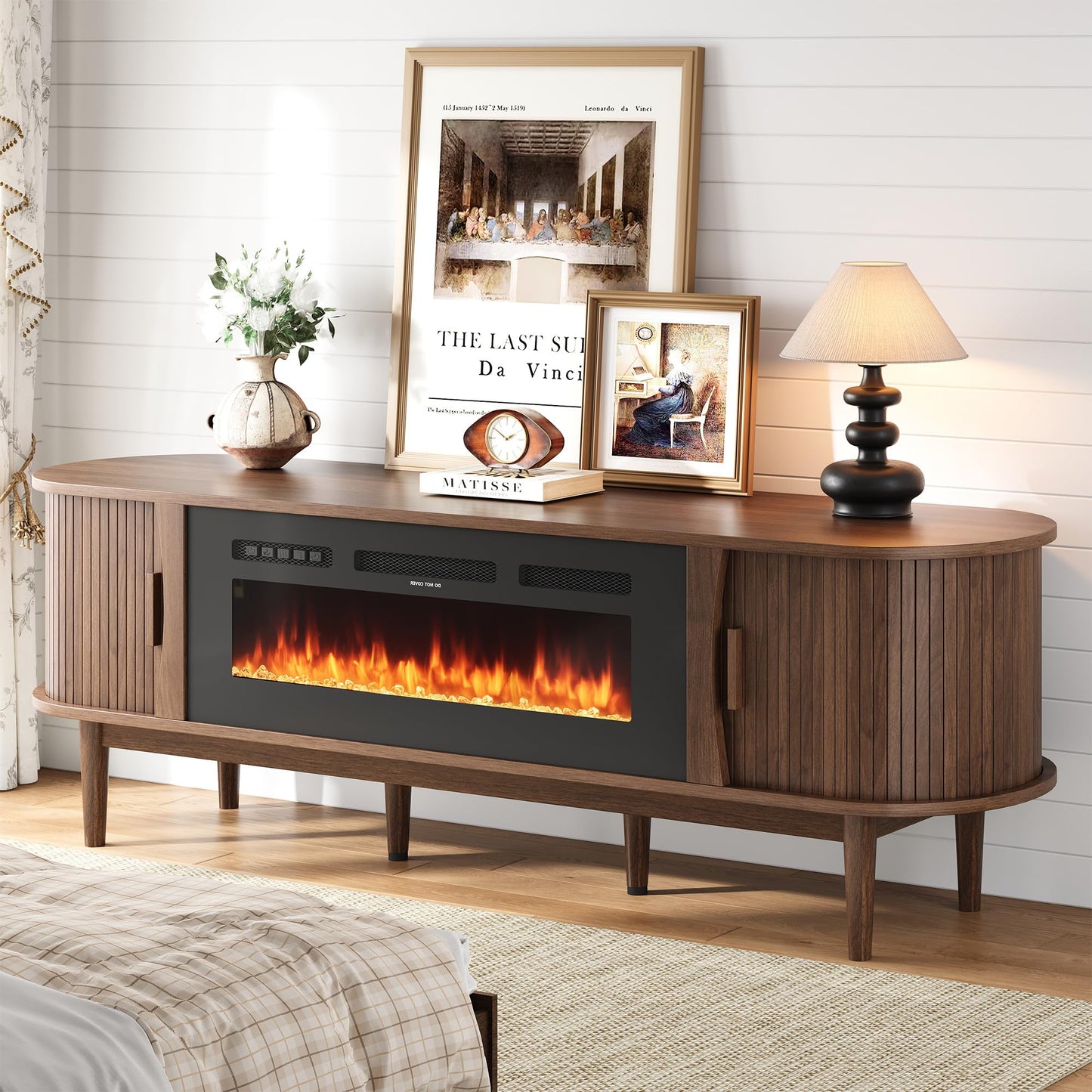 Decofy 70'' Fluted Fireplace TV Stand for 80'' TVs, Entertainment Center with Adjustable Shelves, TV Stand with 36" Electric Fireplace for Living Room, Walnut