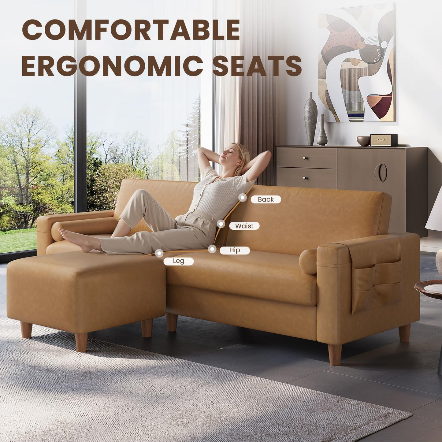Vesgantti 100" Faux Leather Sofa with Movable Ottoman, Wide Seating L Shaped PU Leather Couch with Side Pocket, Comfy Mid Century Modern Modular Sectional Sofa for Living Room, Office, Camel