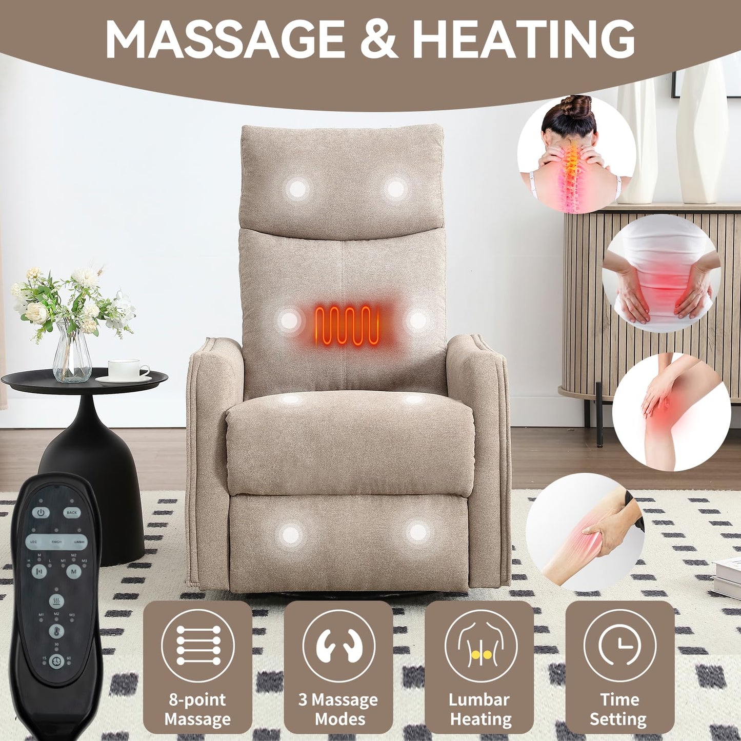 KEIKI 4-in-1 Manual Swivel Rocker Recliner Chair for Home Living Room, Polyester Chair with Back Massager & Heat, Home Theater Seating with Lumbar Support, Soft Recliner Office Chair for Adult, Khaki