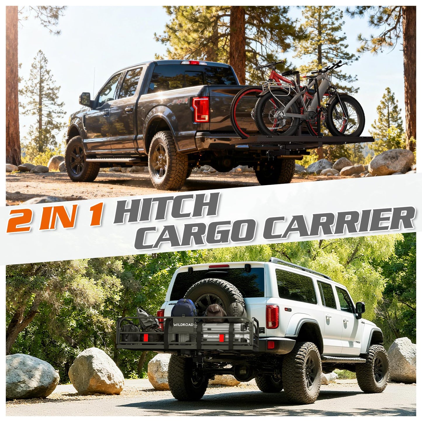 Wildroad Hitch Cargo Carrier with Bike Rack 60" x 24" x 14" Folding Trailer Hitch Cargo Carrier 500 LBS Capacity for Standard, Fat Tire and Electric Bike Fits 2" Receiver 60" Basket+Bike Rack