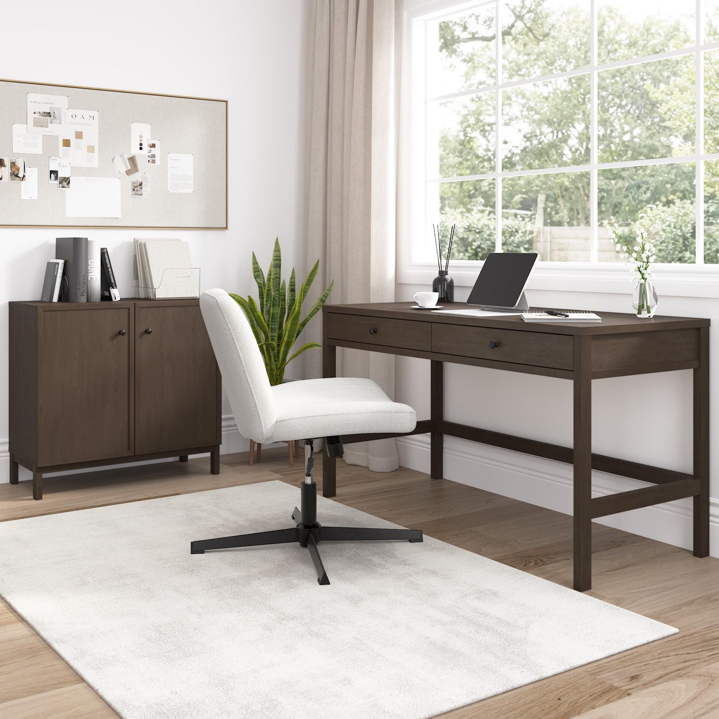 Bush Home 54-Inch Writing Desk with 2 Door Low Storage Cabinet, Computer Study Laptop Table Workstation, Drawers and Adjustable Shelves, Home Office Furniture Set, Avery Collection, Chocolate Birch
