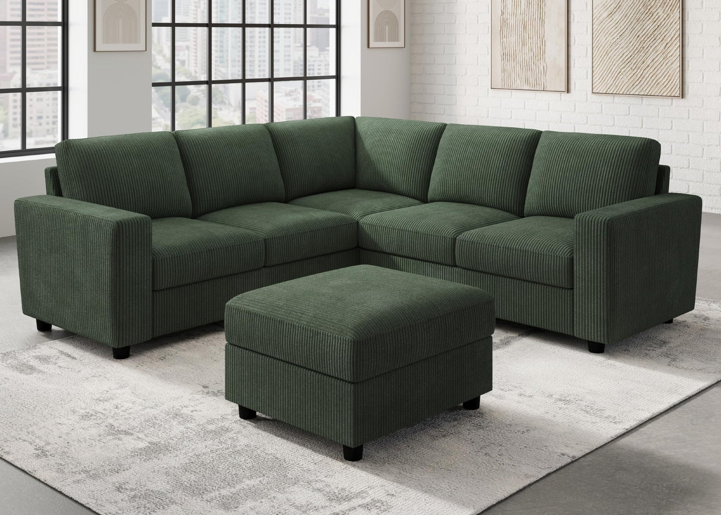 HONBAY Corduroy Sectional Sofa, 80 Inch 6 Seats L Shaped Couch with Ottoman for Living Room, Green