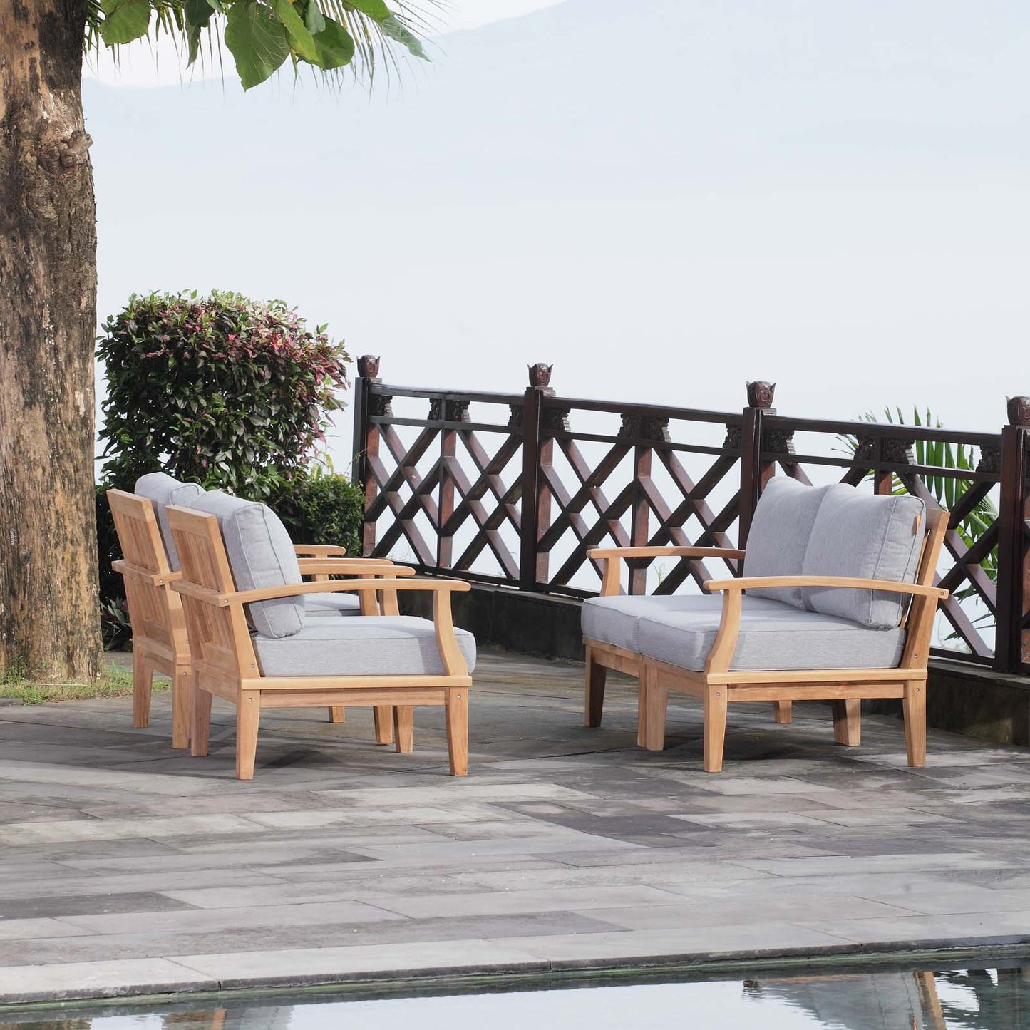 Modway EEI-1818-NAT-GRY-SET Marina Premium Grade A Teak Wood 4-Piece Outdoor Patio Furniture Set, Natural Gray