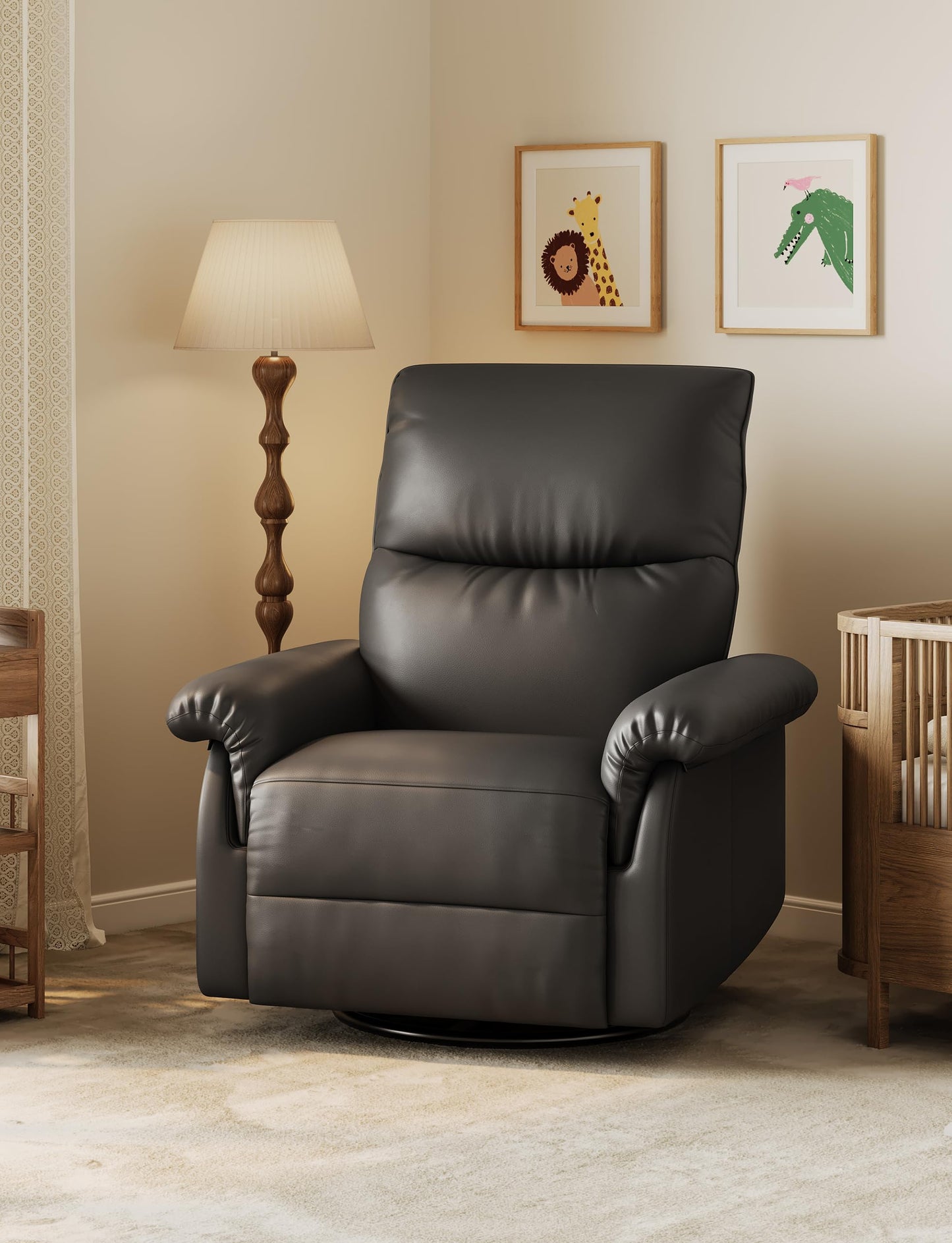 GAOMON Swivel Rocking Recliner Chair, Manual Leather Recliner Glider with Lumbar Support & Padded Armrest, Comfortable Rocker Nursery Single Sofa for Living Room and Bedroom (Black)