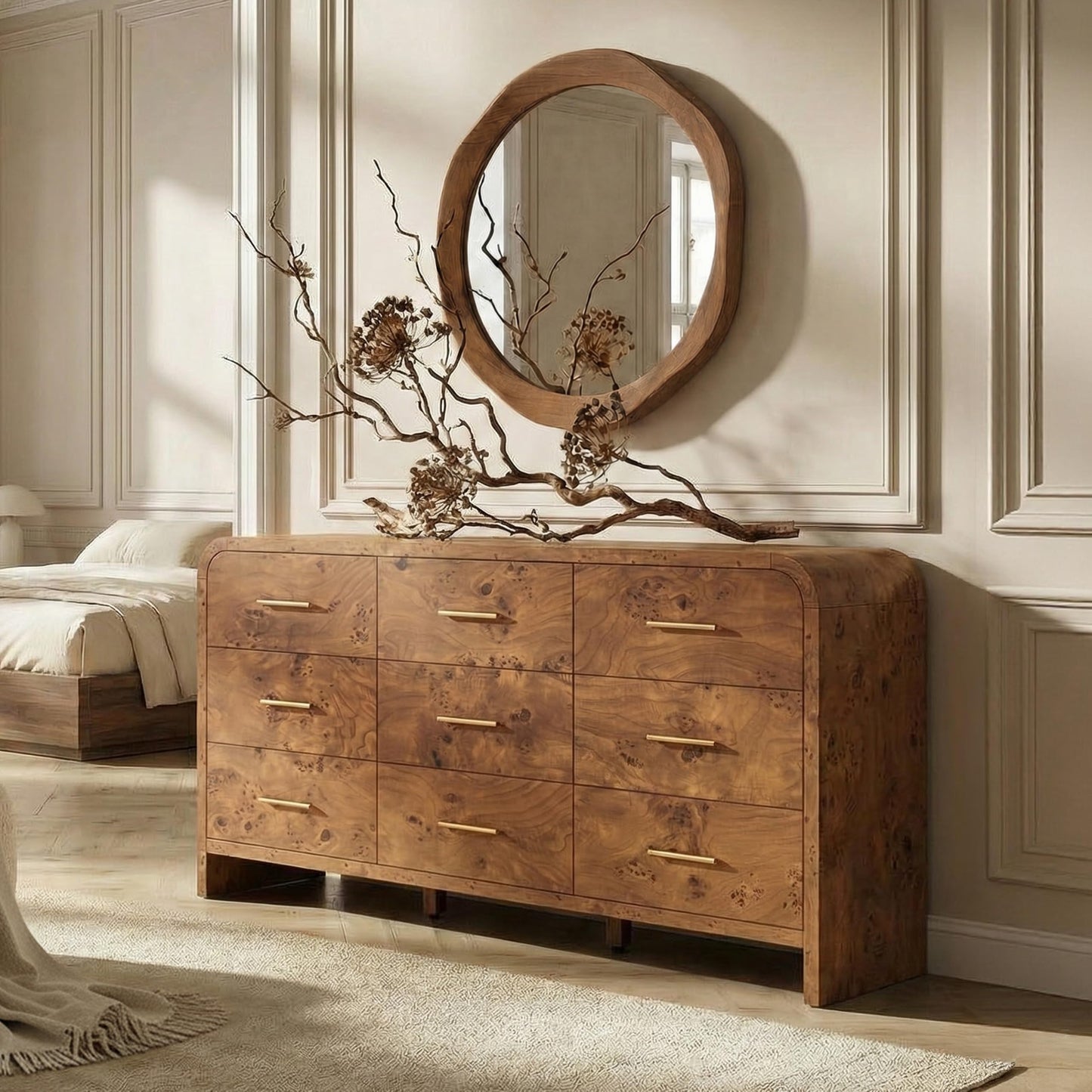 EliteSet Curved 9-Drawer Dresser for Bedroom, 63" Wide Modern Chest of Drawers, Vanity Desk TV Stand for Living Room, Closet Storage Drawers Organizer Furniture, Nursery, Hallway, Dark Burl