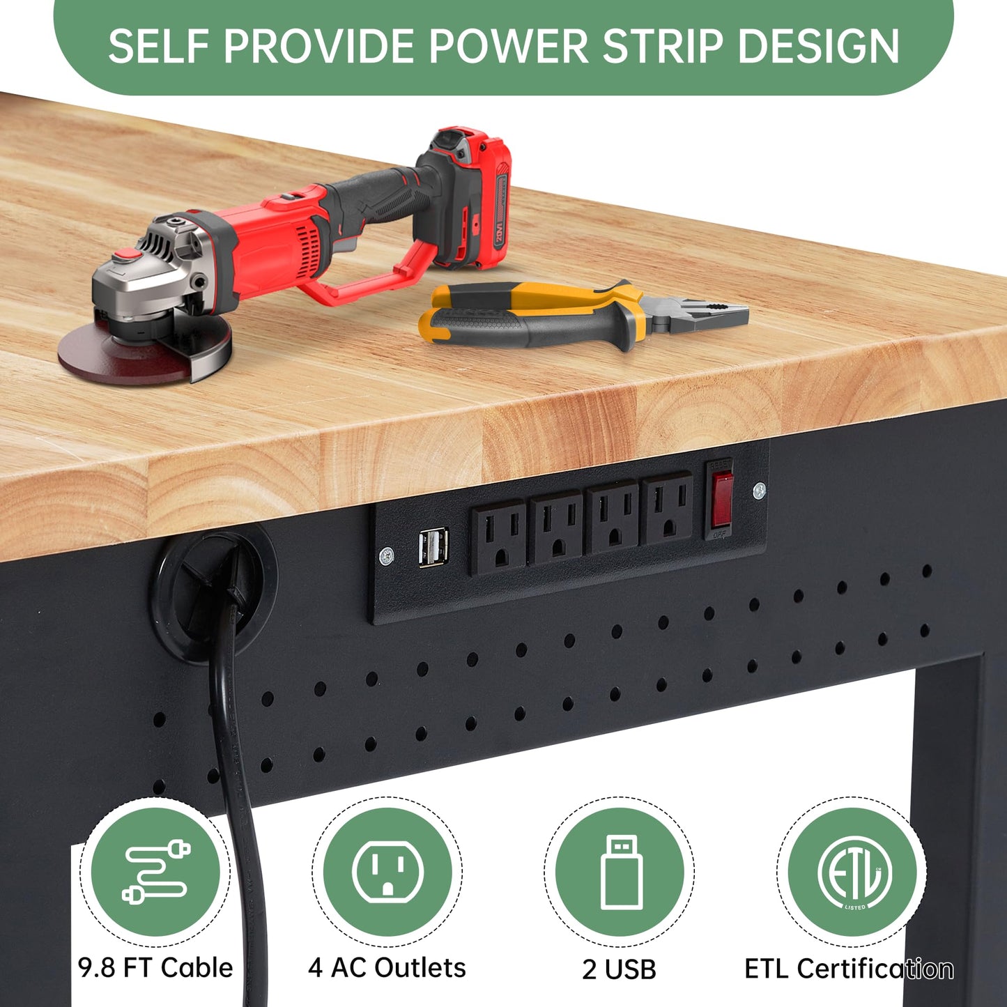48" Adjustable Work Benches with Drawer, Heavy Duty Garage Workbench with Wheels, Max Load 2000 LBS Tool Bench Shop Table with Power Outlet & Rubber Wood Top for Woodworking, Office, Home