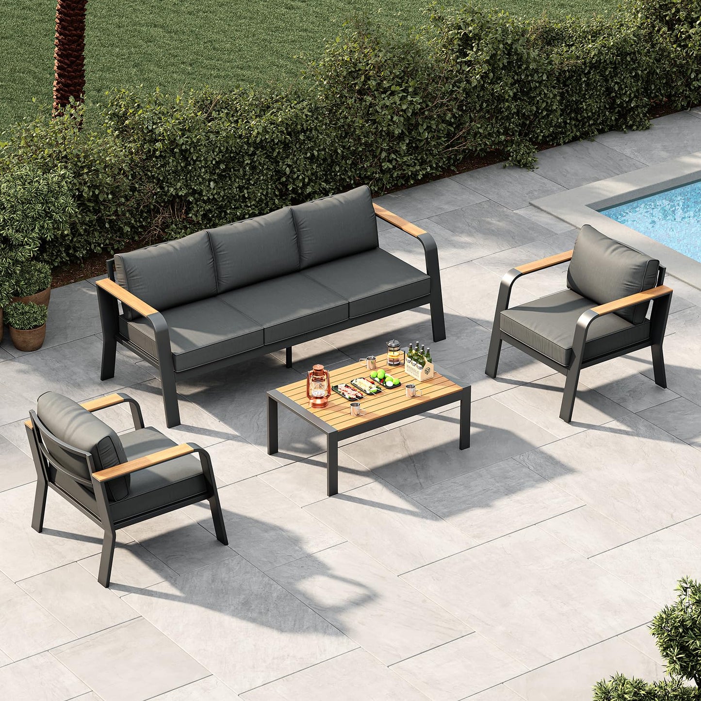 Garvee Aluminum Outdoor Patio Furniture Set with Coffee Table 5 Seats Patio Conversation Set Washable Thick Cushions All-Weather Metal Outdoor Furniture Sets for Poolside Balcony Deck, Gray