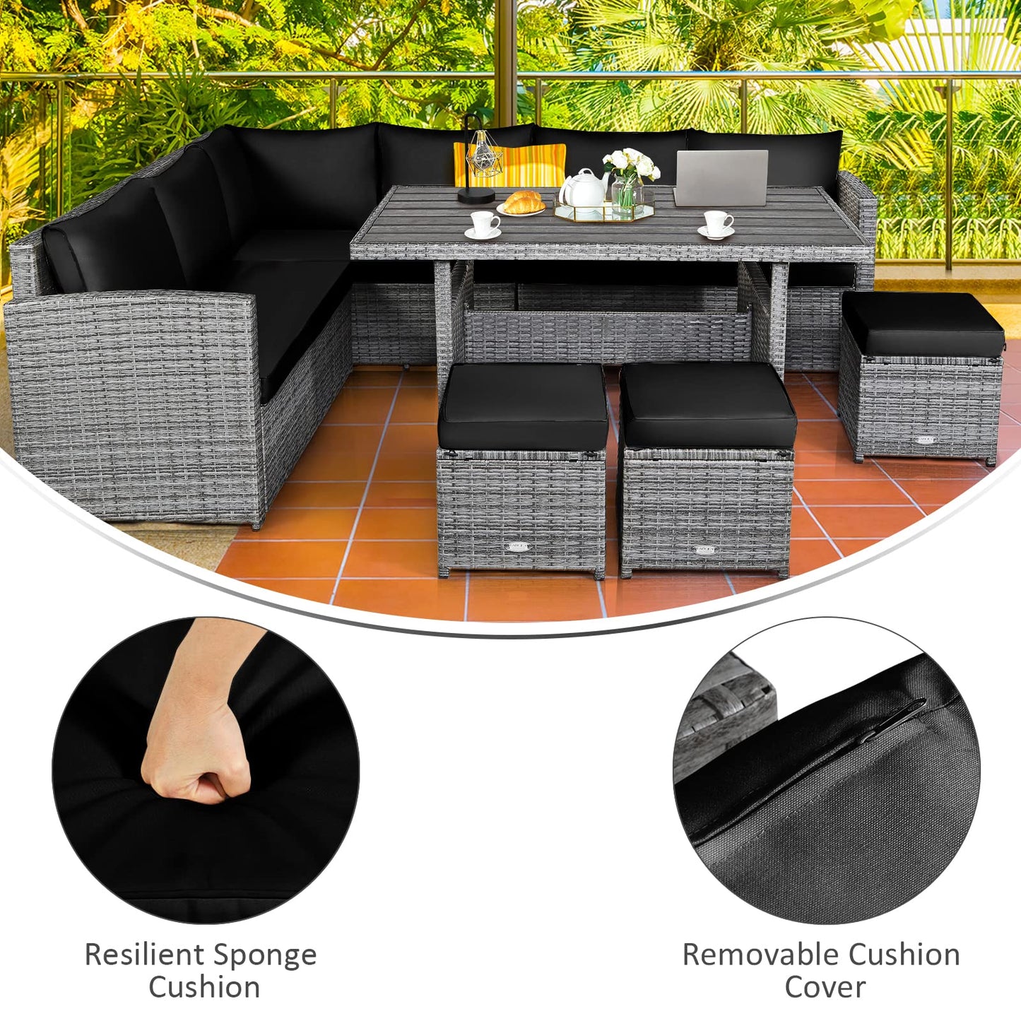 Tangkula 7 Pieces Patio Furniture Set, Outdoor Sectional Rattan Sofa Set with Cushions, All Weather Wicker Conversation Couch Set w/Dining Table & Ottomans for Backyard Garden Poolside, Black