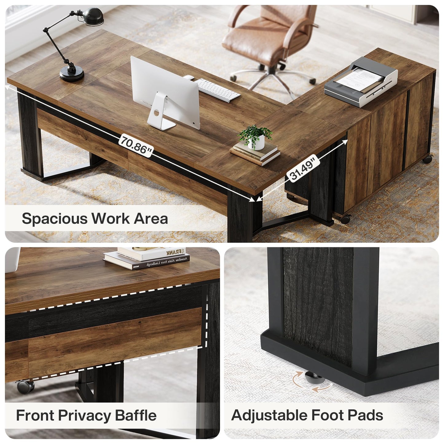 Tribesigns 70.86" Executive Desk with Mobile File Cabinet, Large L Shaped Computer Office Desk with 2 Drawers and Storage Shelves, Business Furniture Desk Workstation for Home Office (Rustic Brown)