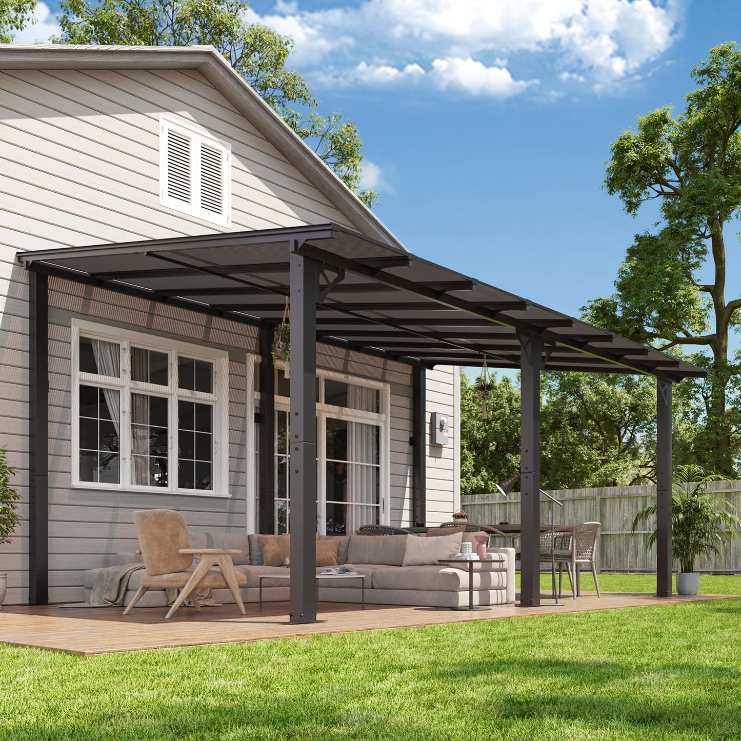 Aoxun 16'x 10' Premium Gazebo with Aluminum Top Frame & Polycarbonate Panel, Wall Mounted Gazebos Pergola, Outdoor Patio Lean to Gazebo, Awnings with Sloped Roof, for Backyard, Porch, Deck