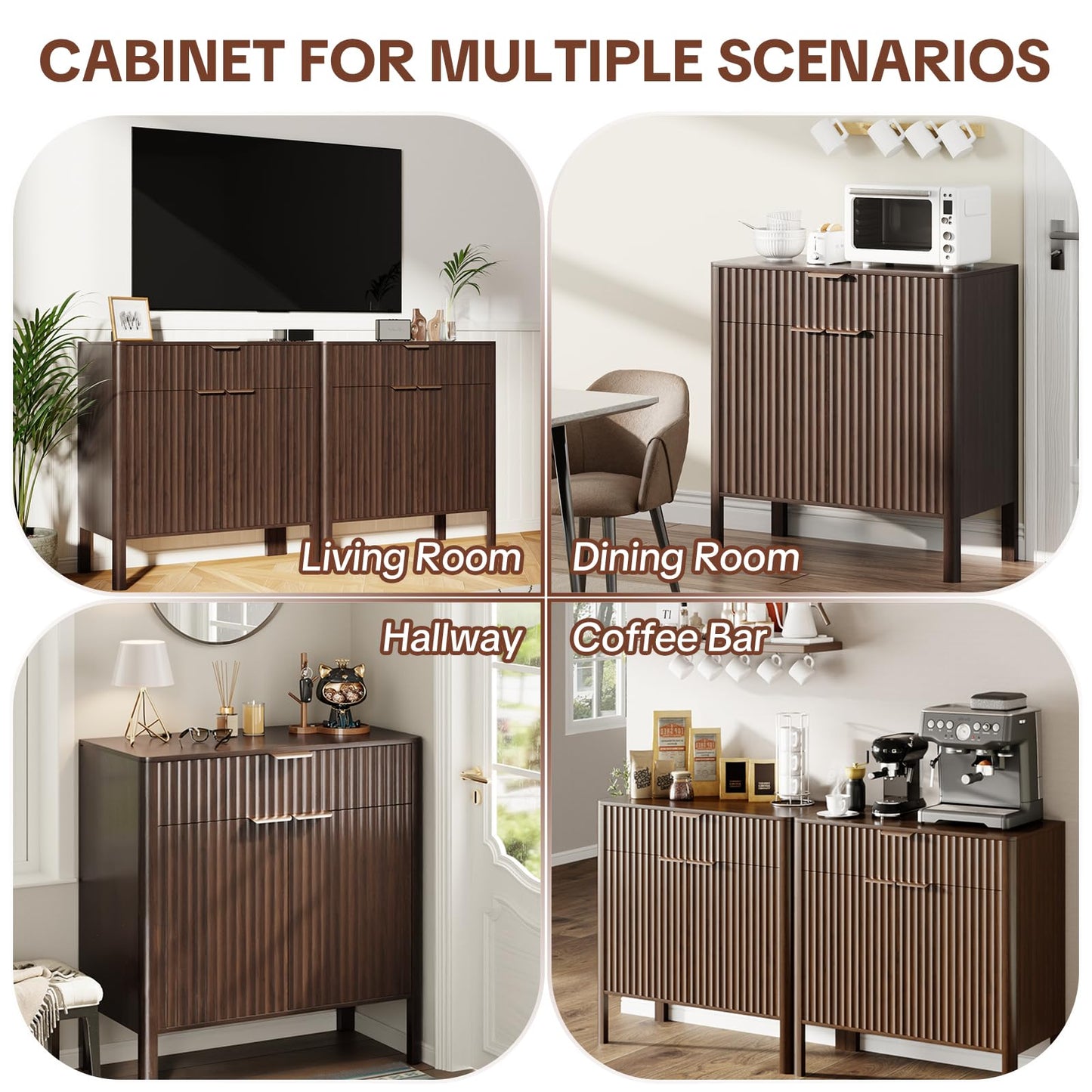 CozyMine Fluted Buffet Cabinet Accent with Doors & Drawer 31" Walnut