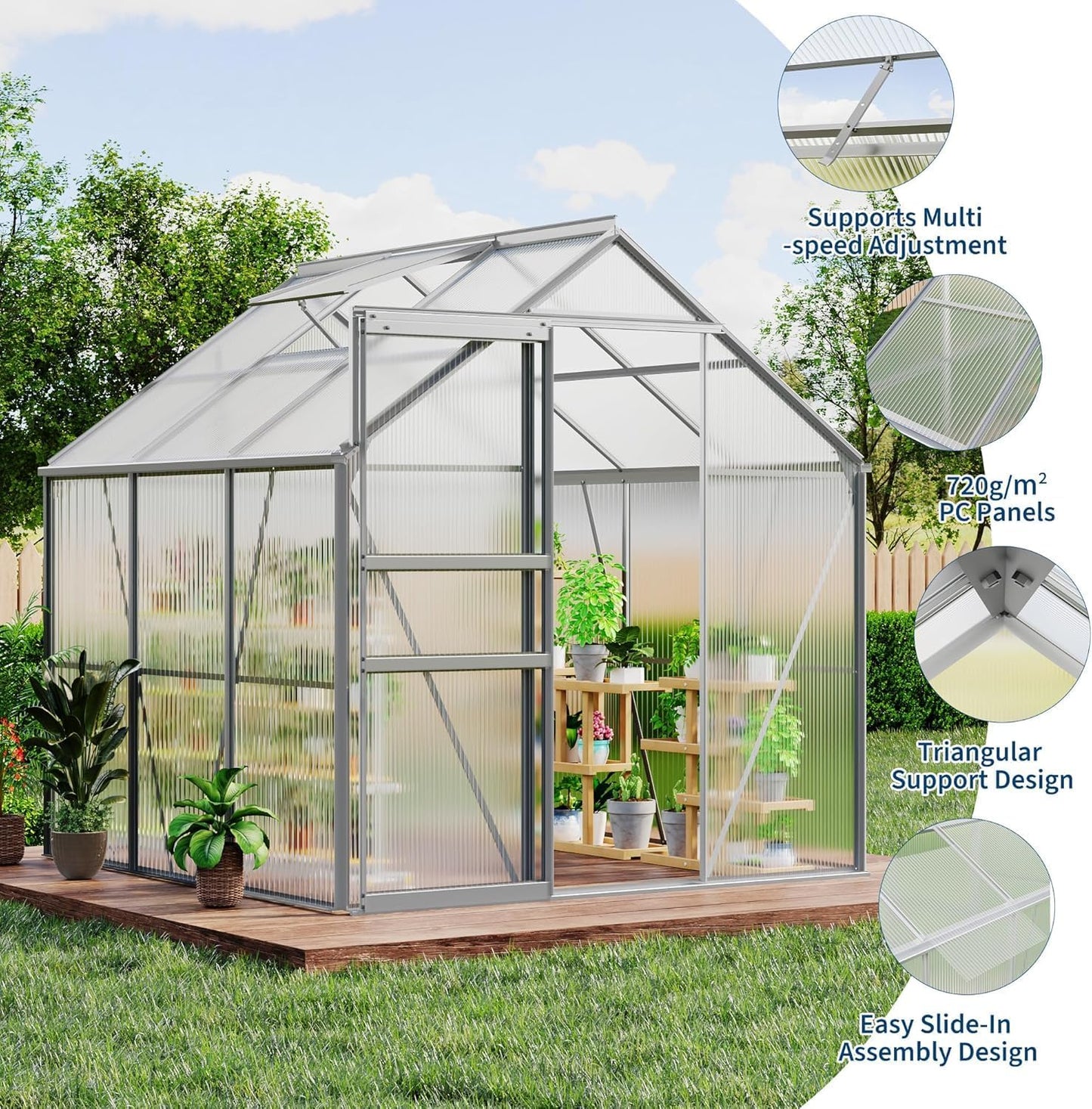 6 x 6 ft Polycarbonate Green Houses with Aluminum Frame for Outside - Heavy Duty Walk-in Greenhouse with Sliding Door and Adjustable Roof Vent for Backyard,Garden